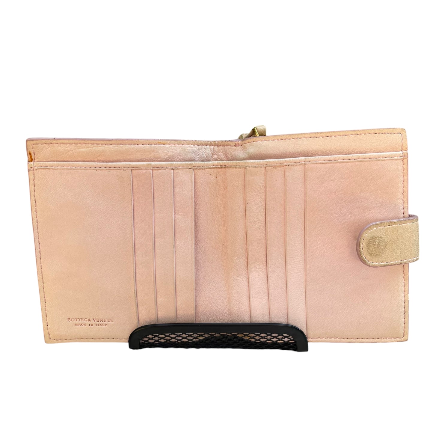 Bottega Veneta Pink Cream Cash Card Zip Coin Woven Bi Fold Snap Wallet