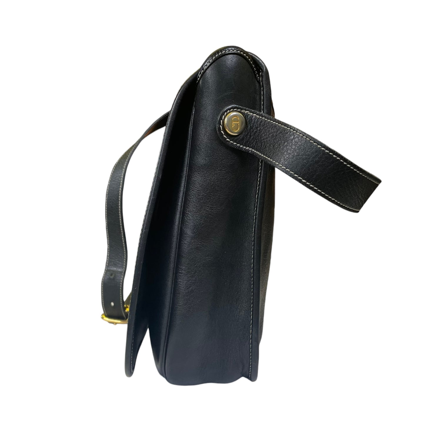 Christian Dior CD Logo Stitched Black Flap Leather Medium Crossbody Shoulder Purse
