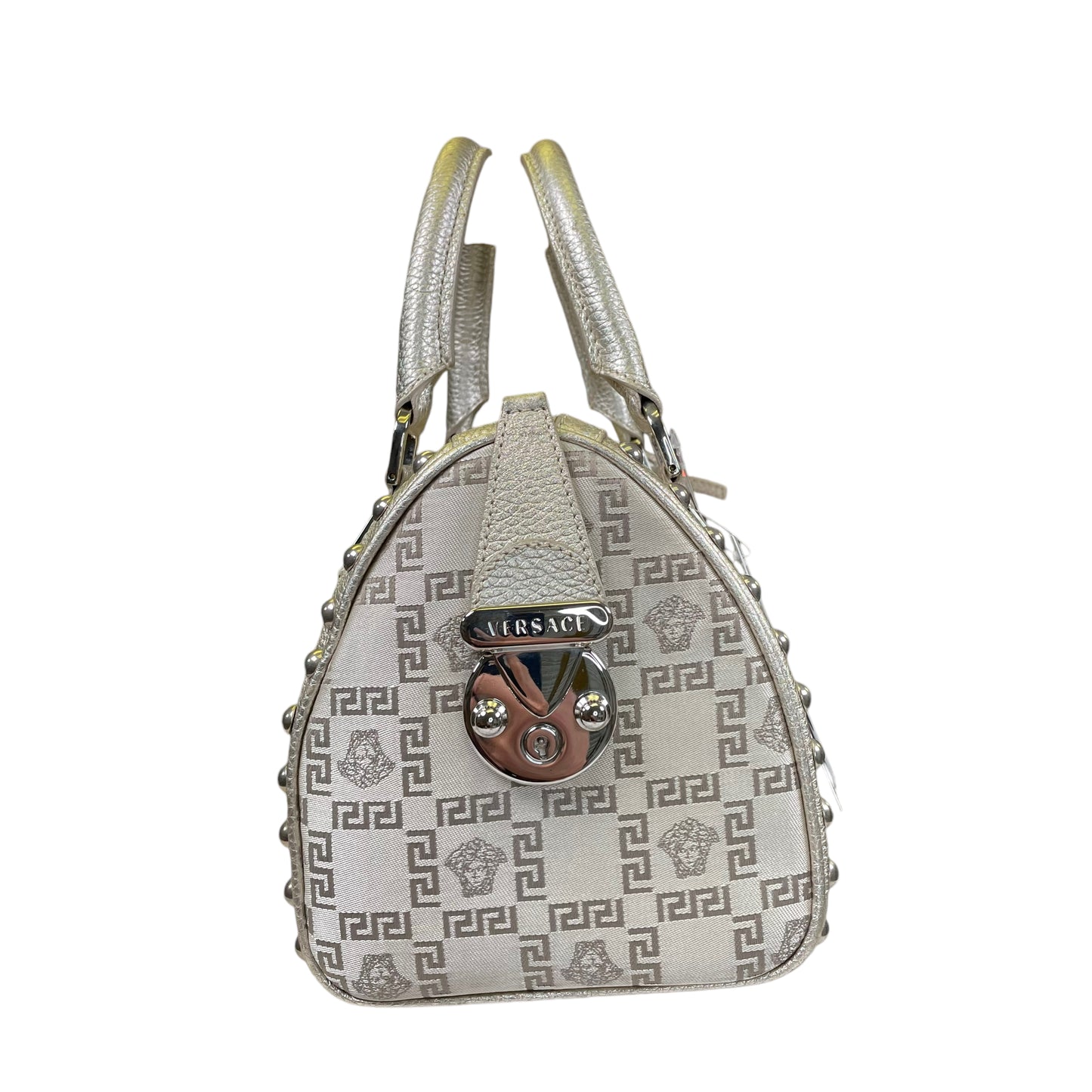 Versace Mini Snap Out of It Metallic Greek Key Jacquard Leather Boston Speedy Purse
