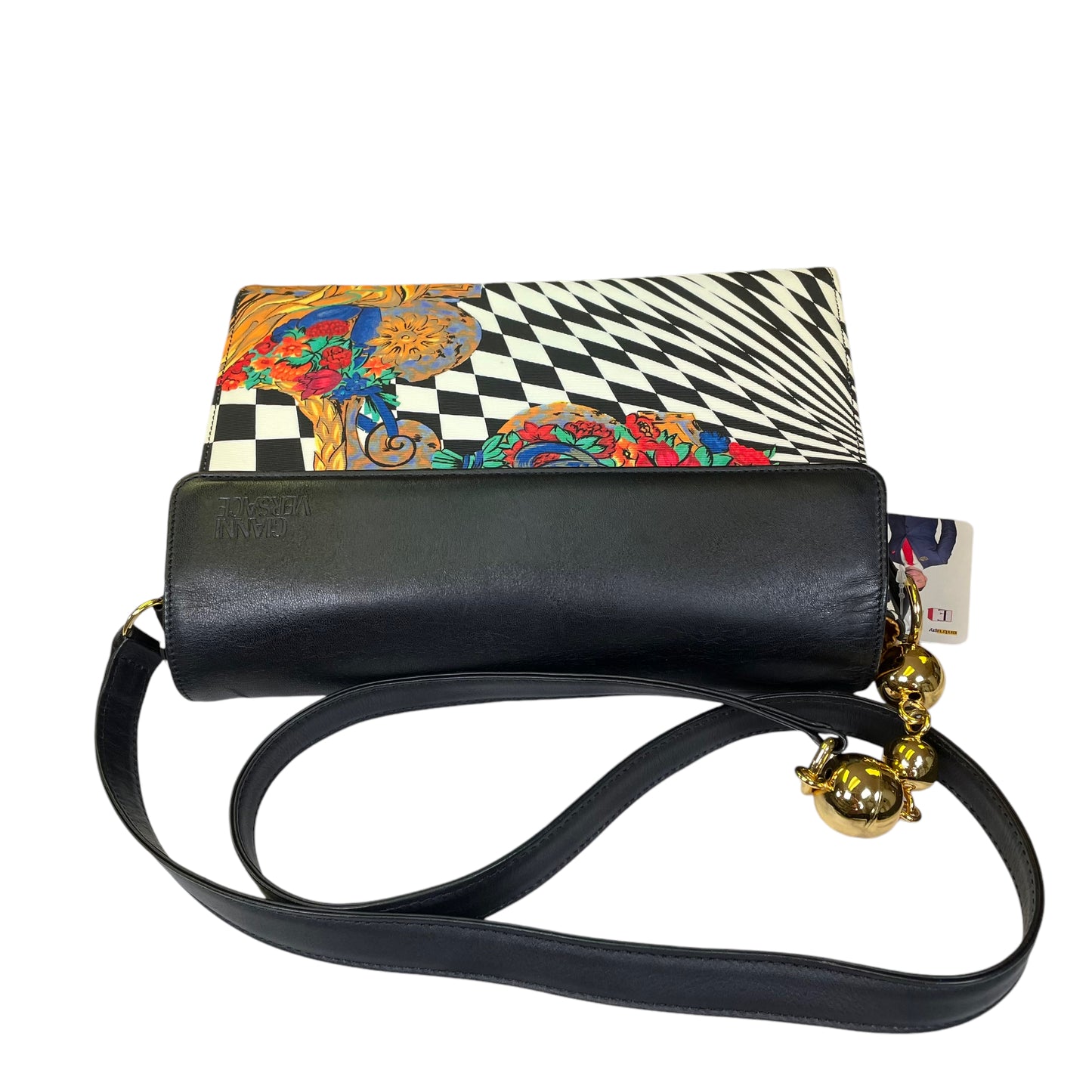 Gianni Versace Psychedelic Illusion Metallic Gold Black White Ball Printed Crossbody Shoulder Purse
