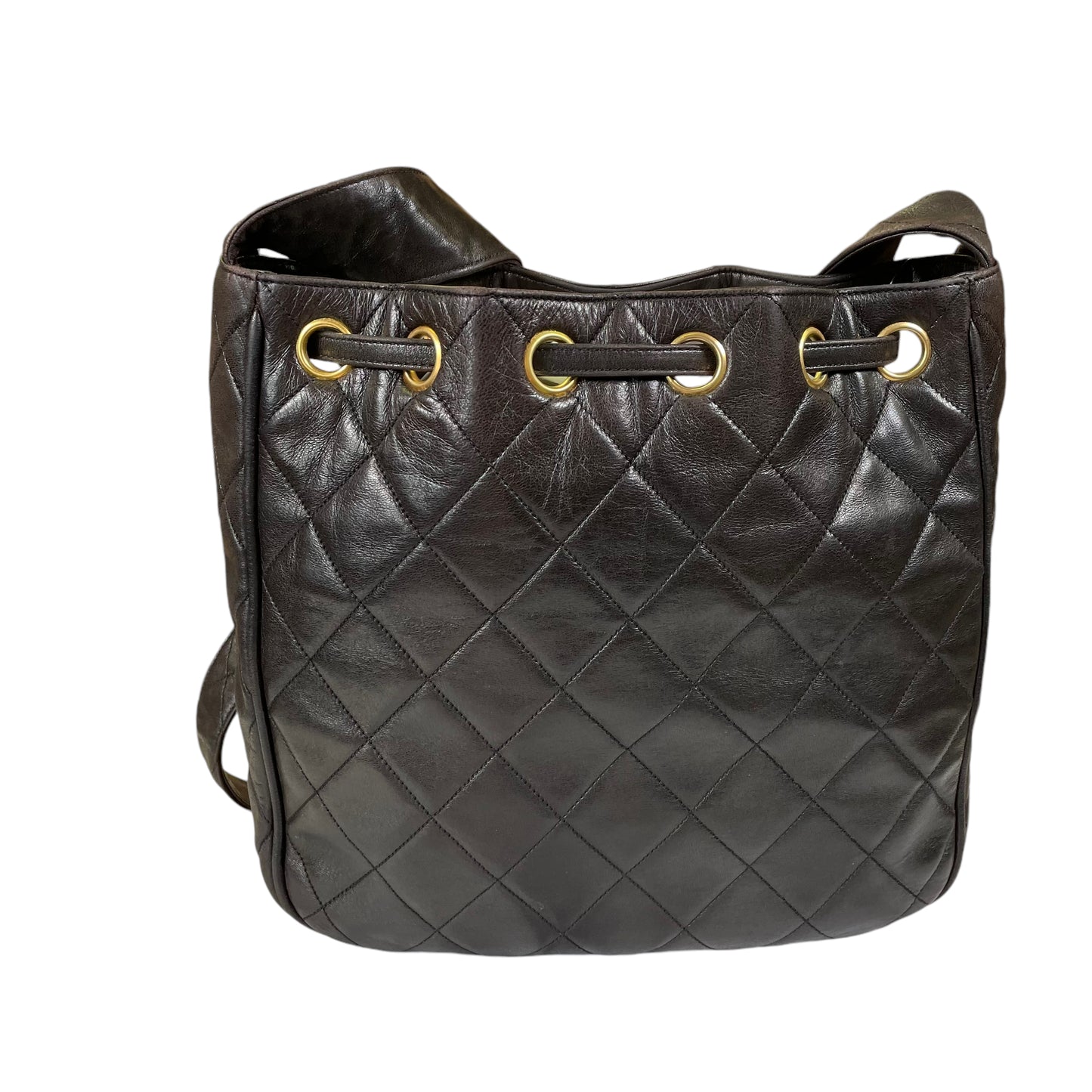 Chanel CC Gabrielle Dark Brown Quilted Lamb Leather Shoulder Hobo Drawstring Shoulder Purse