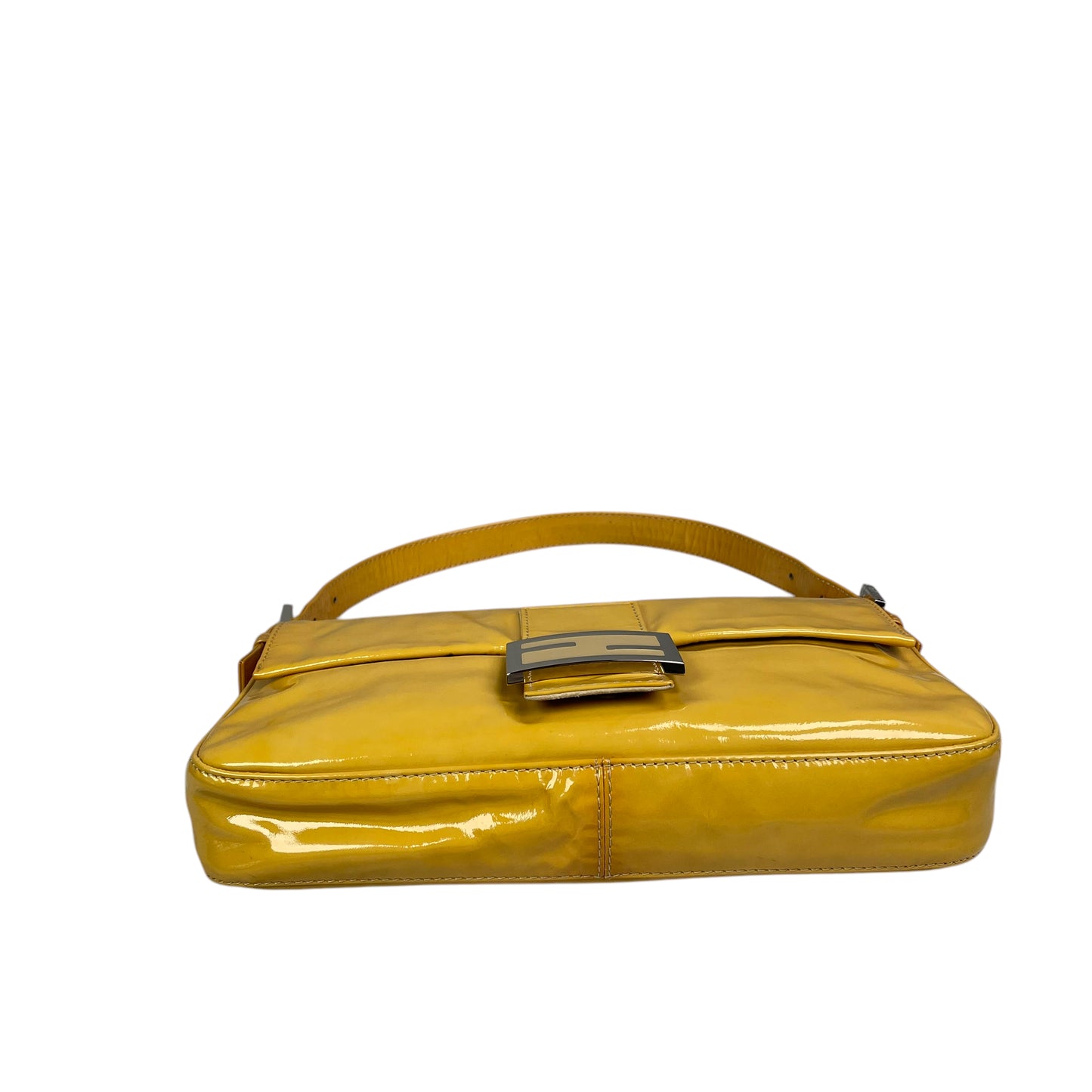 Fendi FF Mustard Yellow Classic Baguette Patent Leather Silver Shoulder Purse