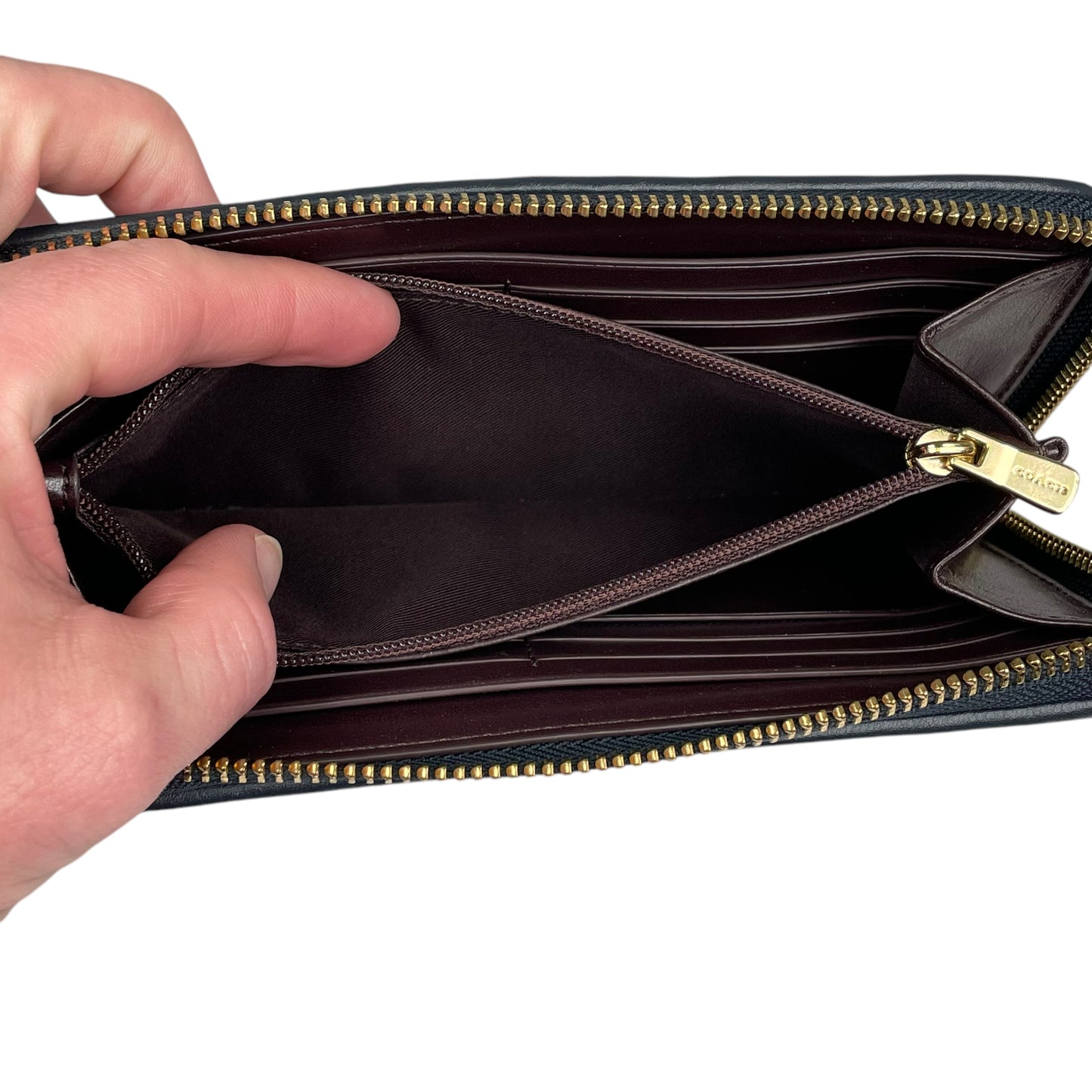 Coach Madison Denim Twist Long Navy Blue Leather Gold Trim Zip Around Wallet