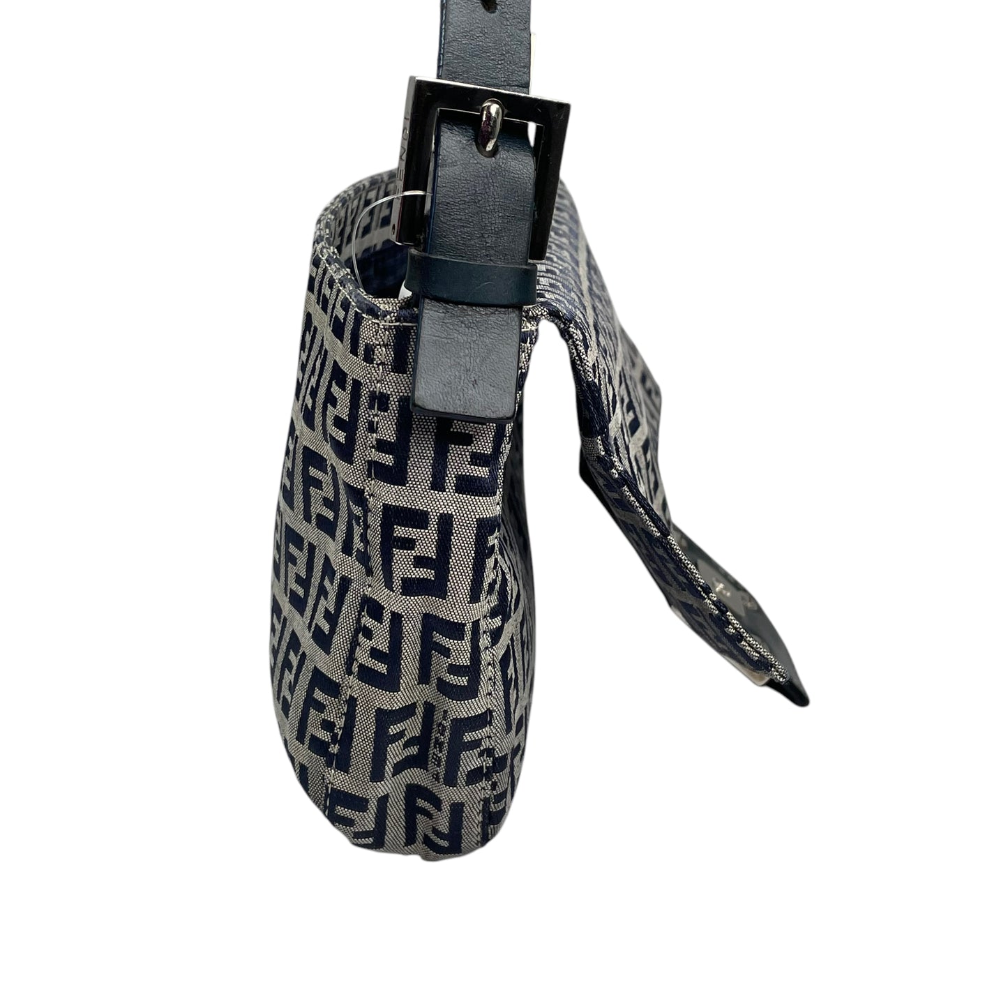 Fendi Classic Baguette Zucchino Navy Canvas Silver Leather Shoulder Purse