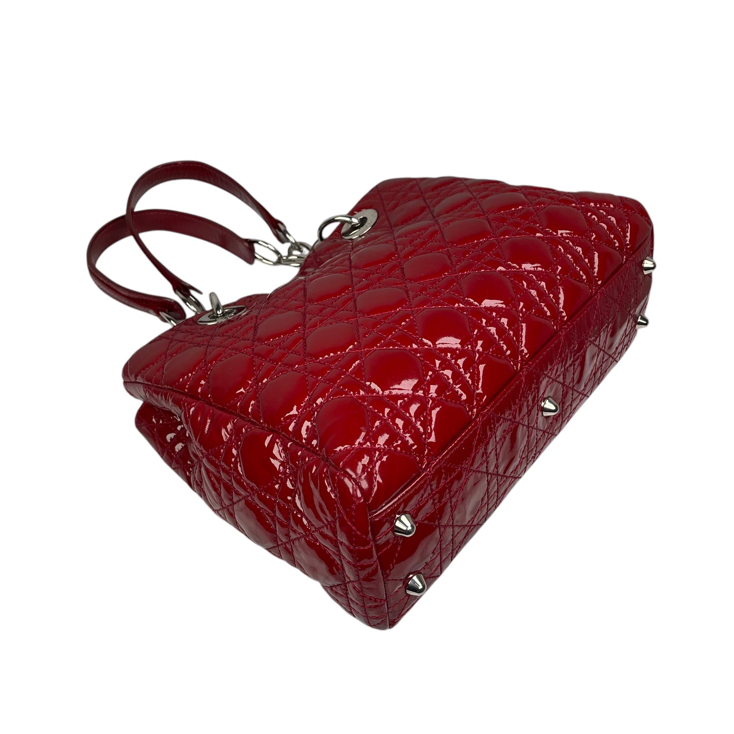 Christian Dior Lady Dior Soft Cannage Patent Quilted Silver Med Shoulder Purse