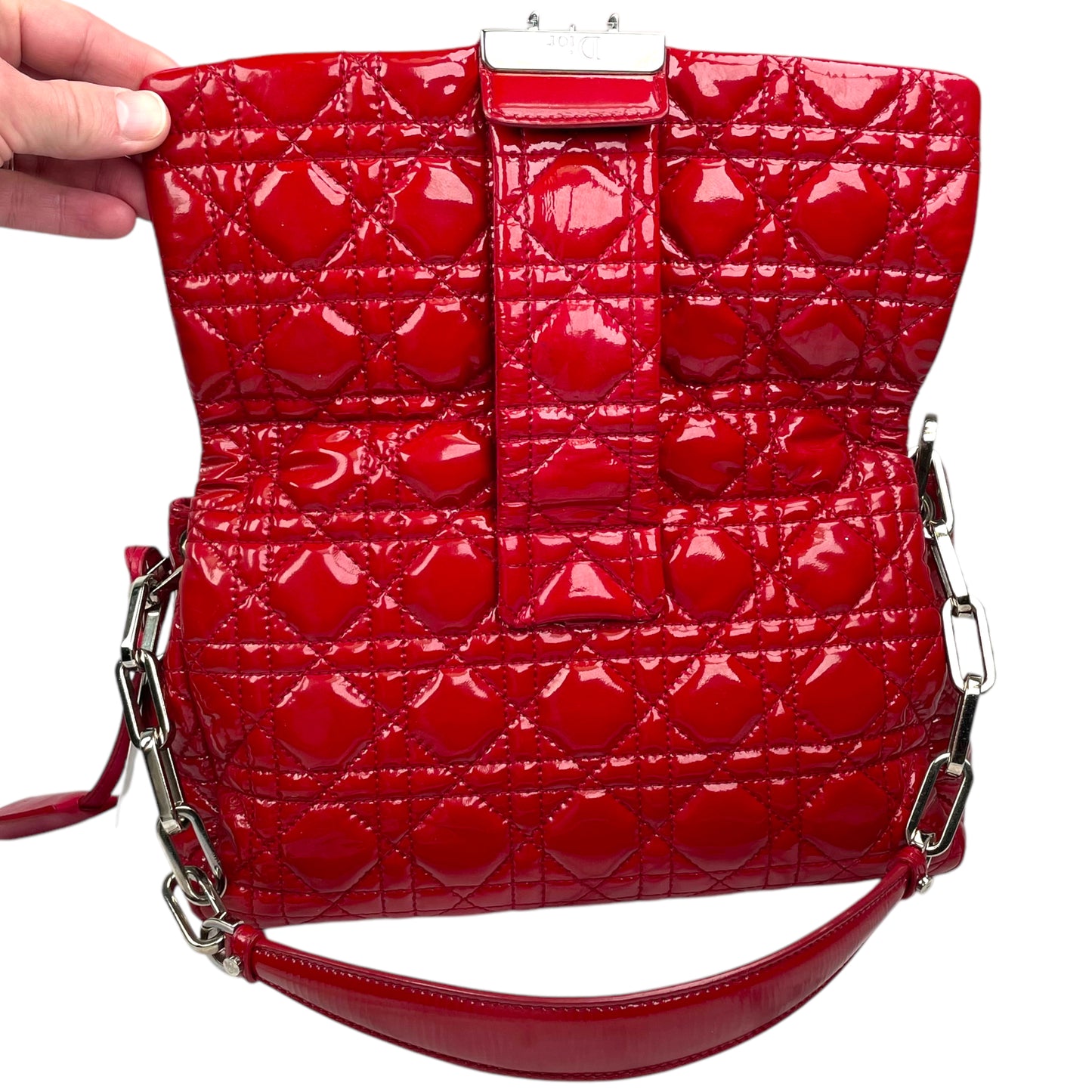 Christian Dior Red New Lock Patent Cannage Quilted Flap Shoulder Chain Purse
