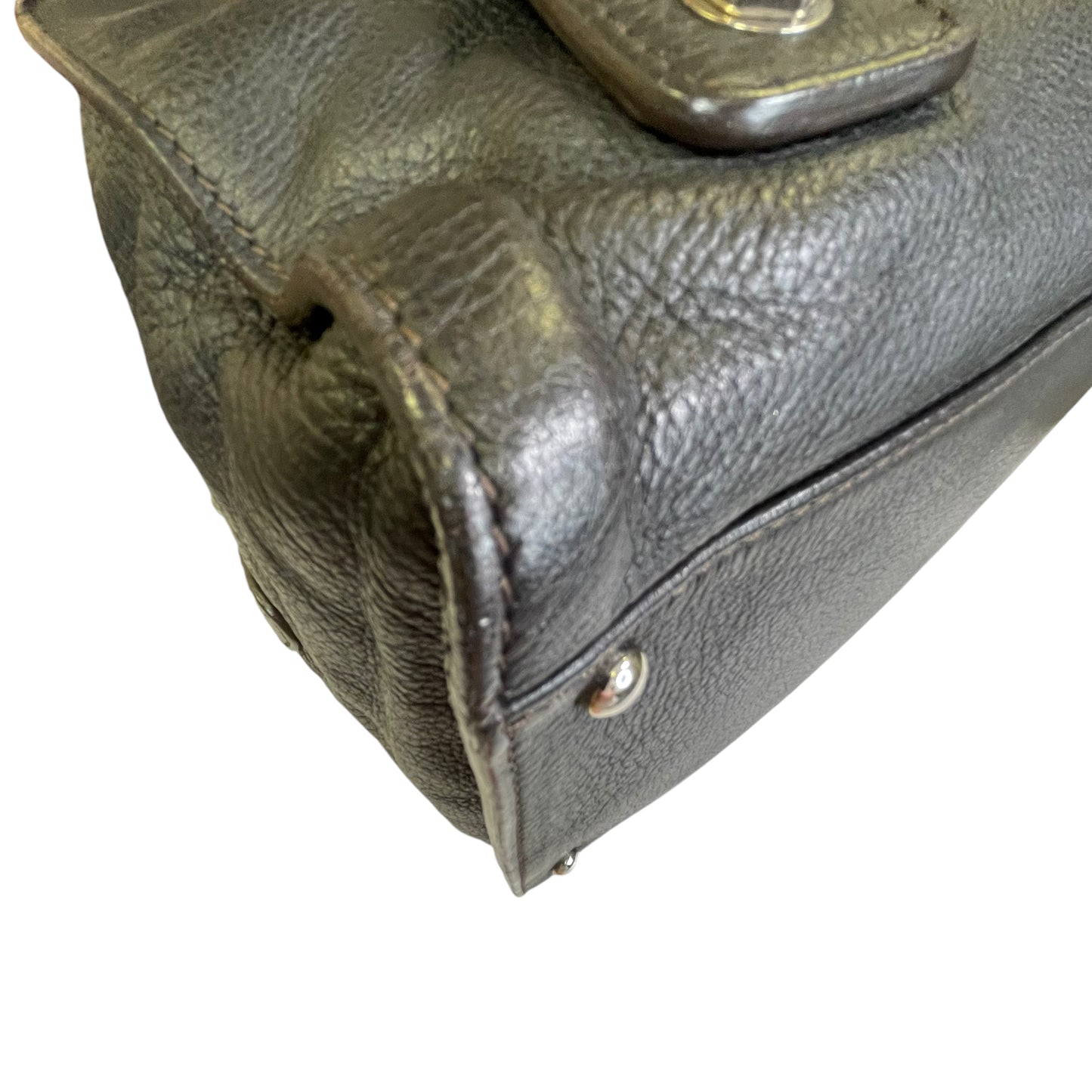 Chanel CC Deerskin Bowler Boston Dark Brown Studded Bolt Tote Hand Bag