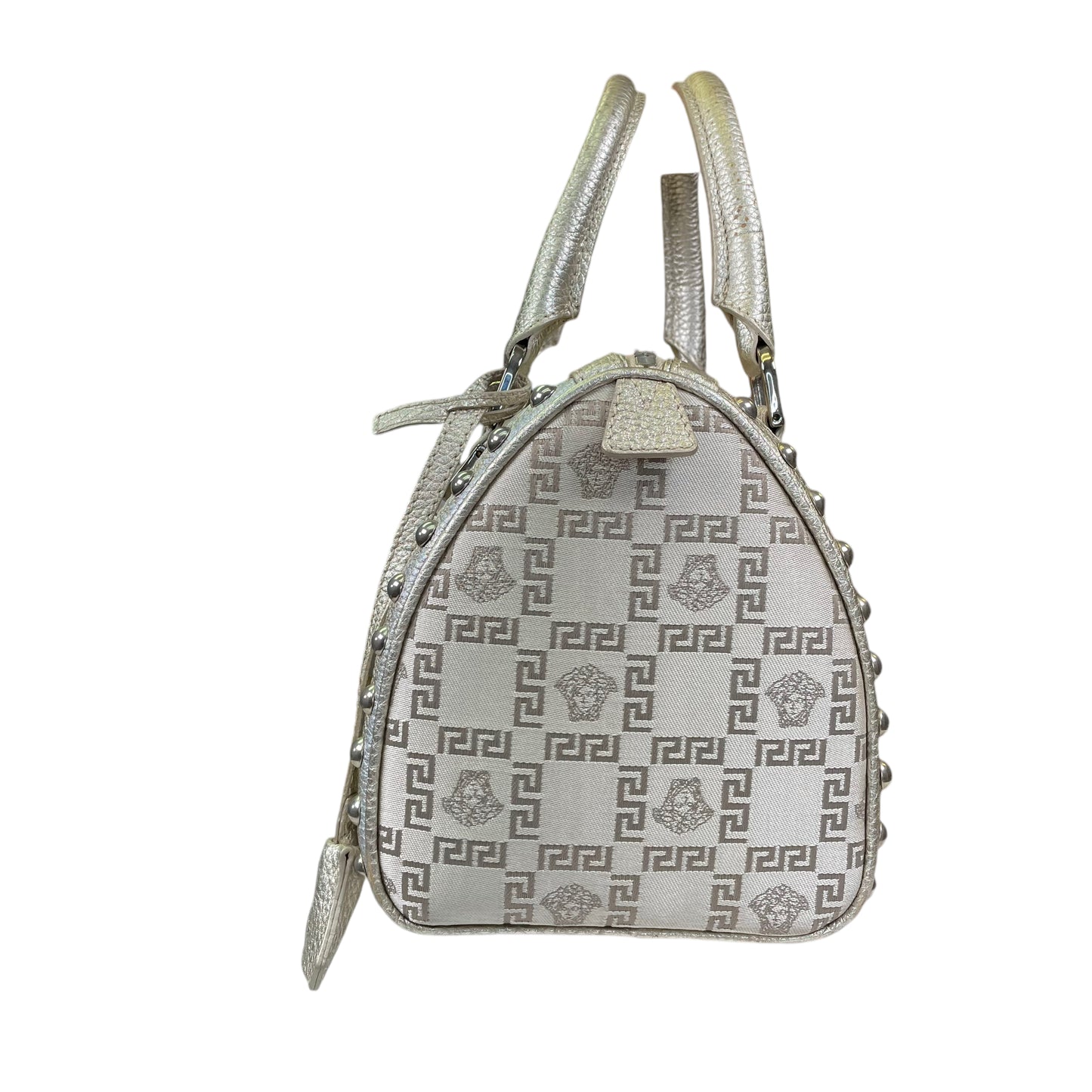 Versace Mini Snap Out of It Metallic Greek Key Jacquard Leather Boston Speedy Purse