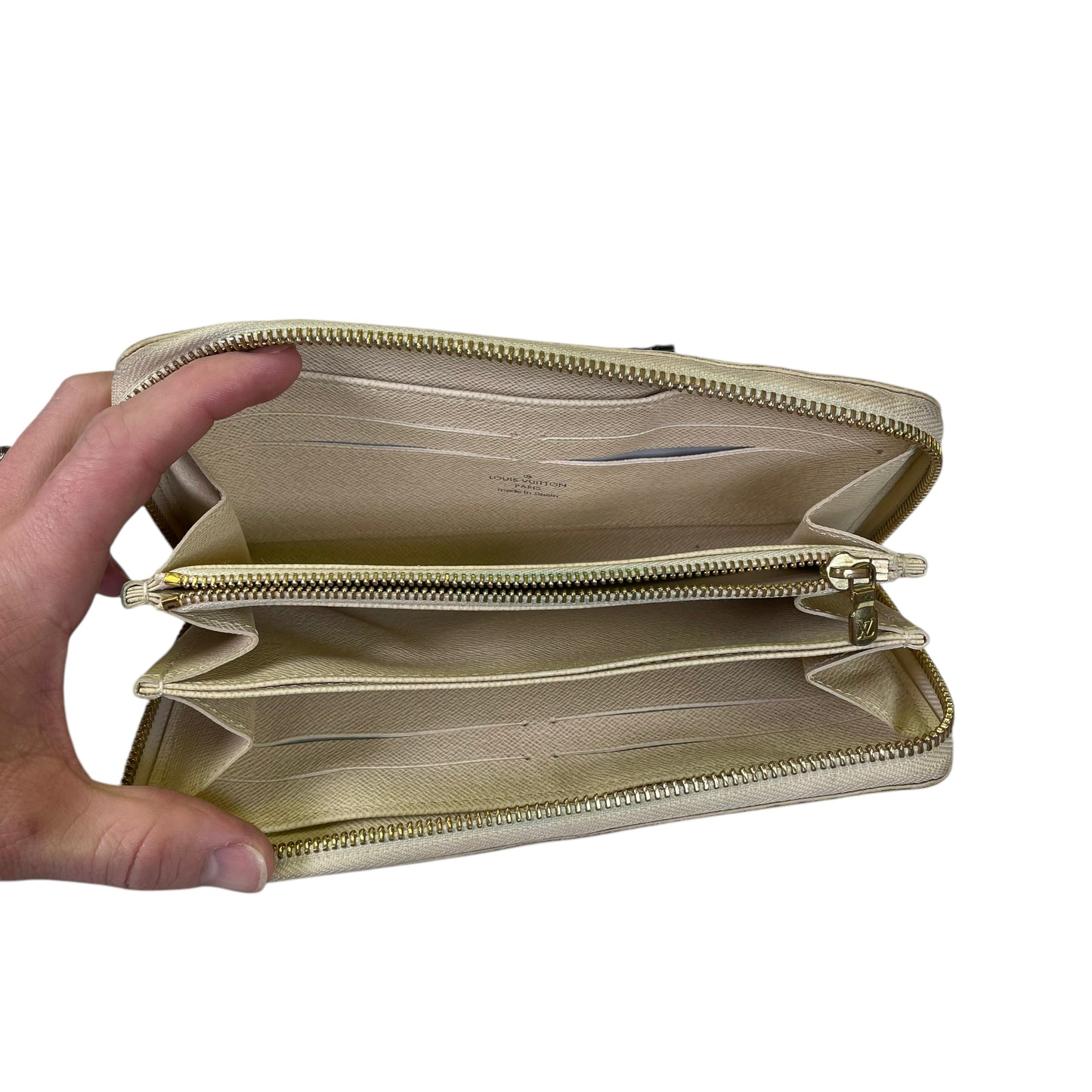 Louis Vuitton Azur Damier Long Coated Canvas White Gold Zip Around Bi-Fold Wallet