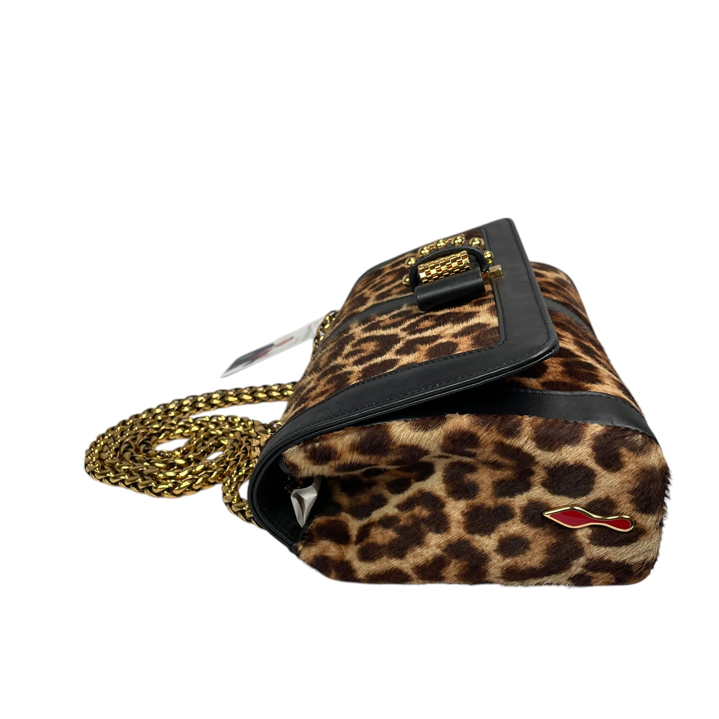 Christian Louboutin Bow Studded Cheetah Leopard 2-Way Flap Leather Black Gold Medium