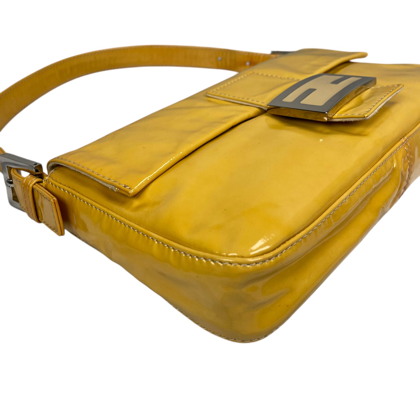 Fendi FF Mustard Yellow Classic Baguette Patent Leather Silver Shoulder Purse