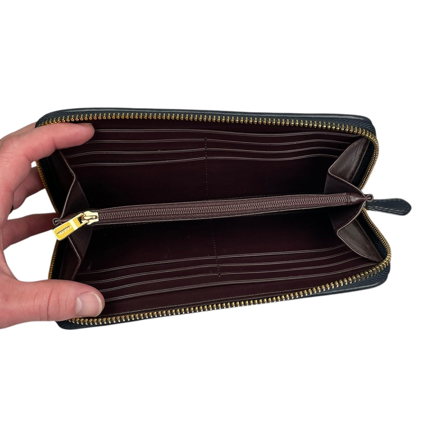 Coach Madison Denim Twist Long Navy Blue Leather Gold Trim Zip Around Wallet