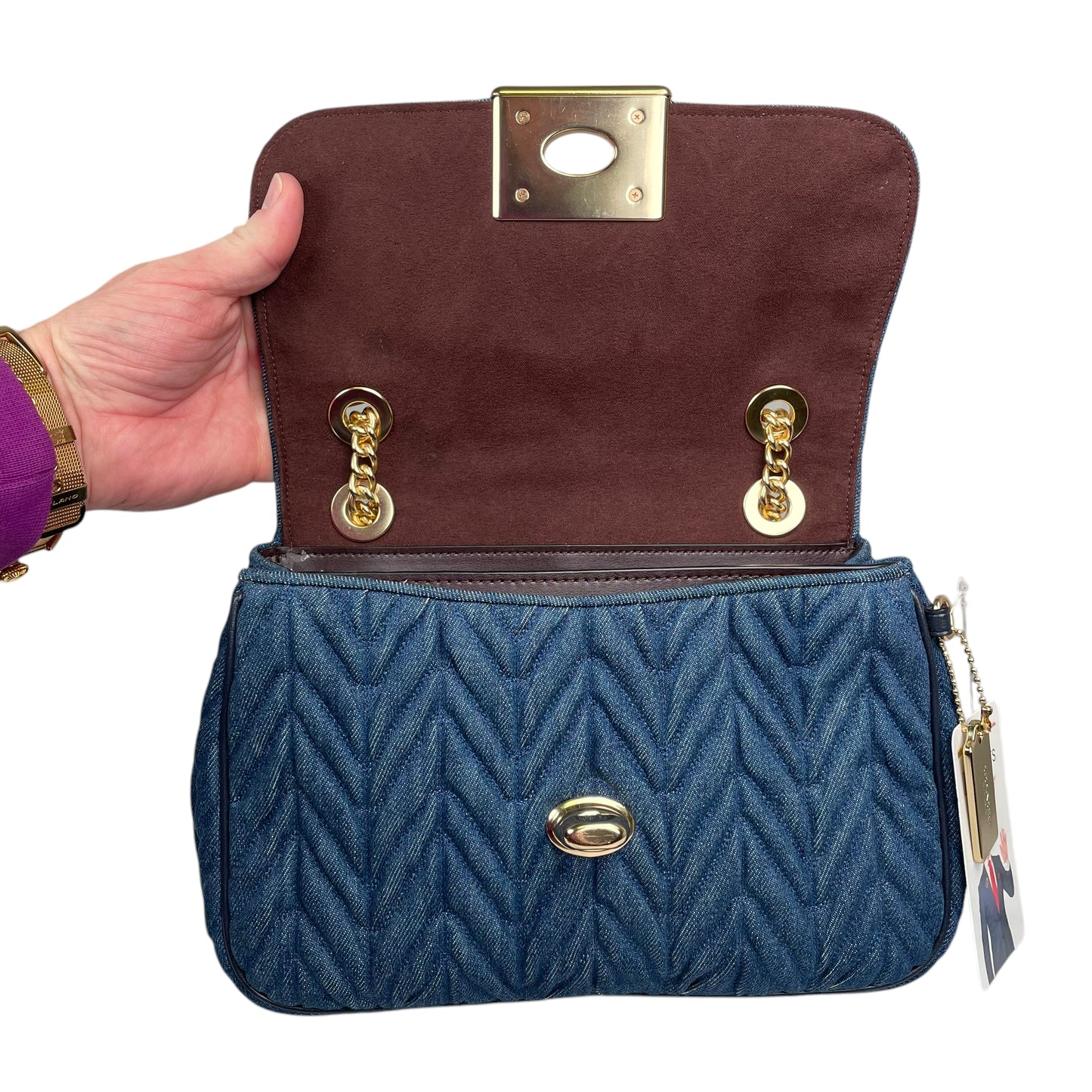 Coach Cassidy Denim Twist Quilted 2-Way Flap Turn-Lock Crossbody Shoulder Purse