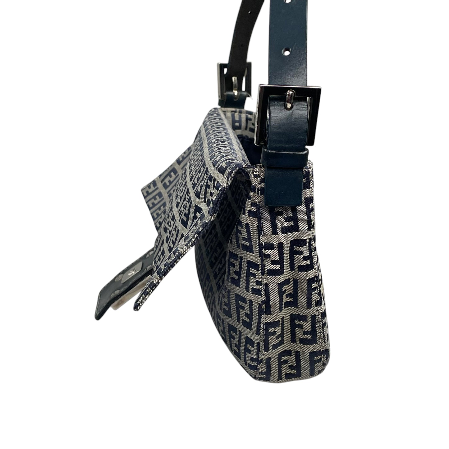 Fendi Classic Baguette Zucchino Navy Canvas Silver Leather Shoulder Purse