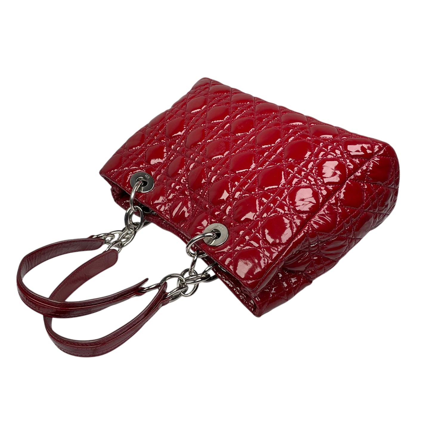 Christian Dior Lady Dior Soft Cannage Patent Quilted Silver Med Shoulder Purse