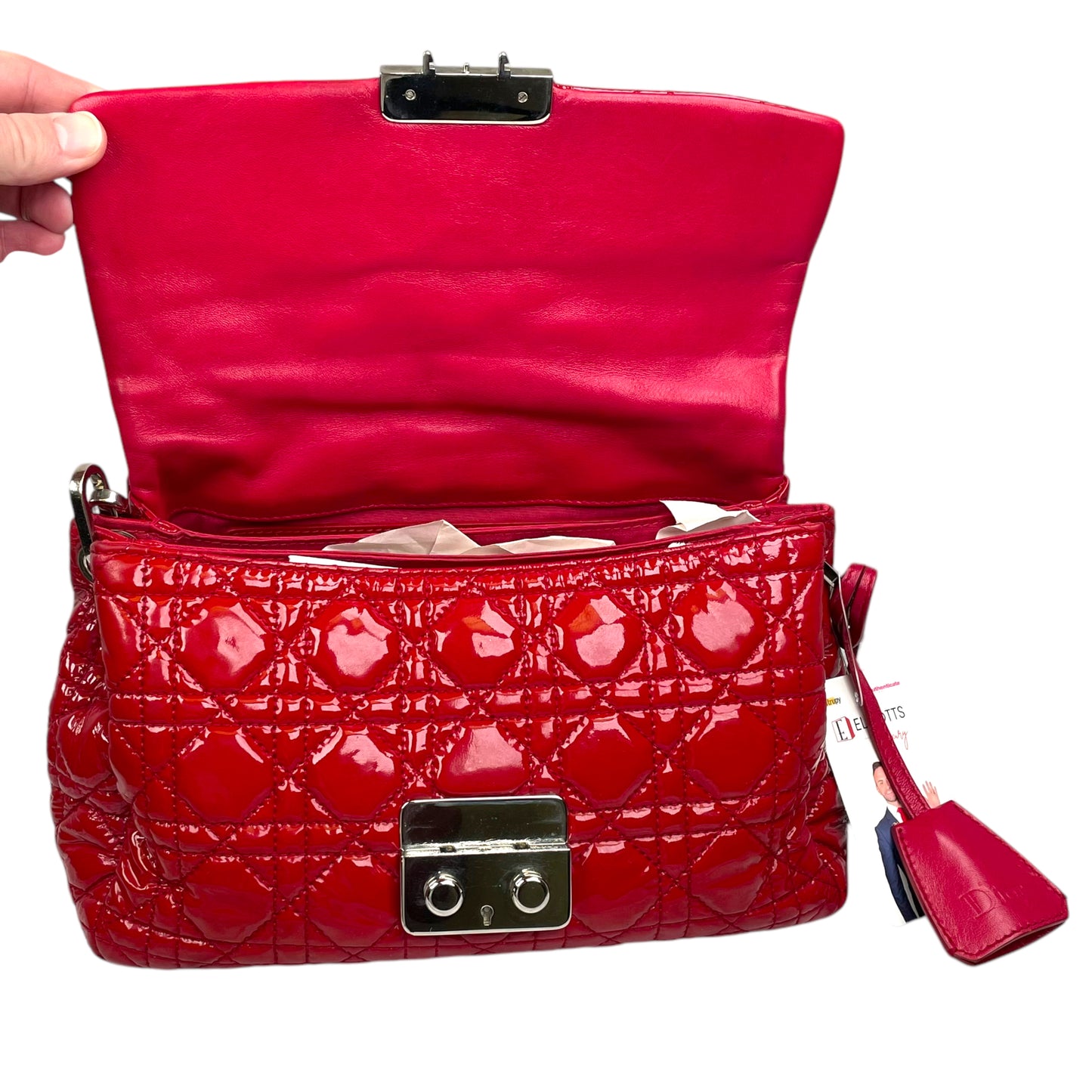 Christian Dior Red New Lock Patent Cannage Quilted Flap Shoulder Chain Purse