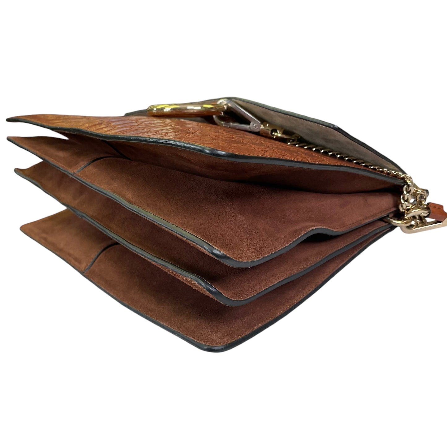 Chloe Faye Accordion Brown Croc Embossed Calfskin Two Way Flap Shoulder Purse