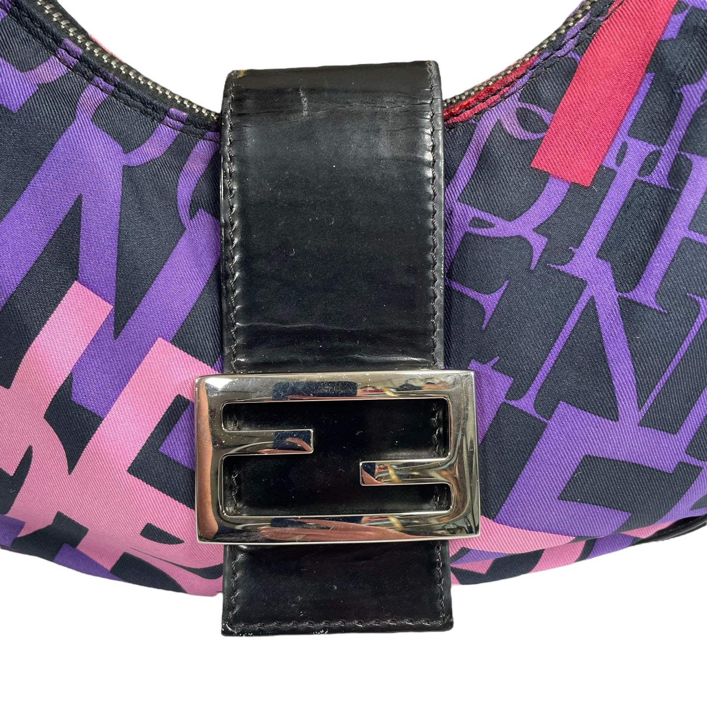 Fendi FF Croissant Graffiti Monogram Purple Black Patent Leather Sterling Shoulder Purse