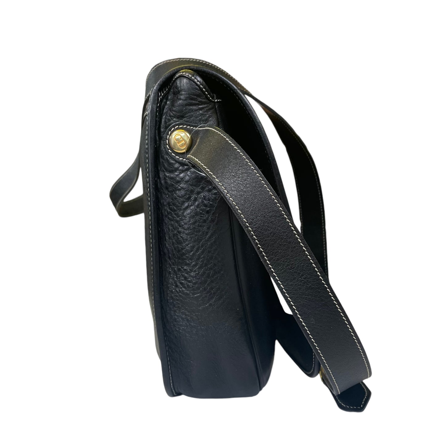 Christian Dior CD Logo Stitched Black Flap Leather Medium Crossbody Shoulder Purse