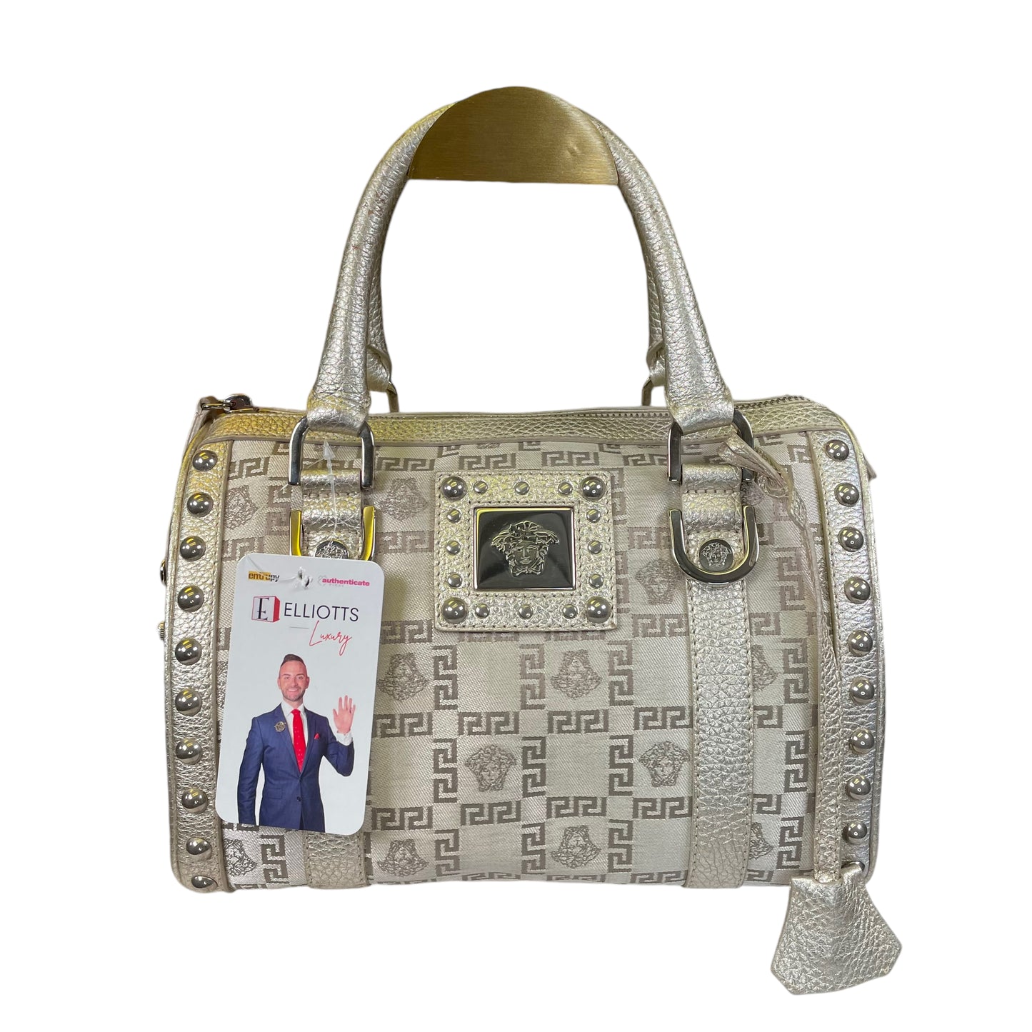 Versace Mini Snap Out of It Metallic Greek Key Jacquard Leather Boston Speedy Purse