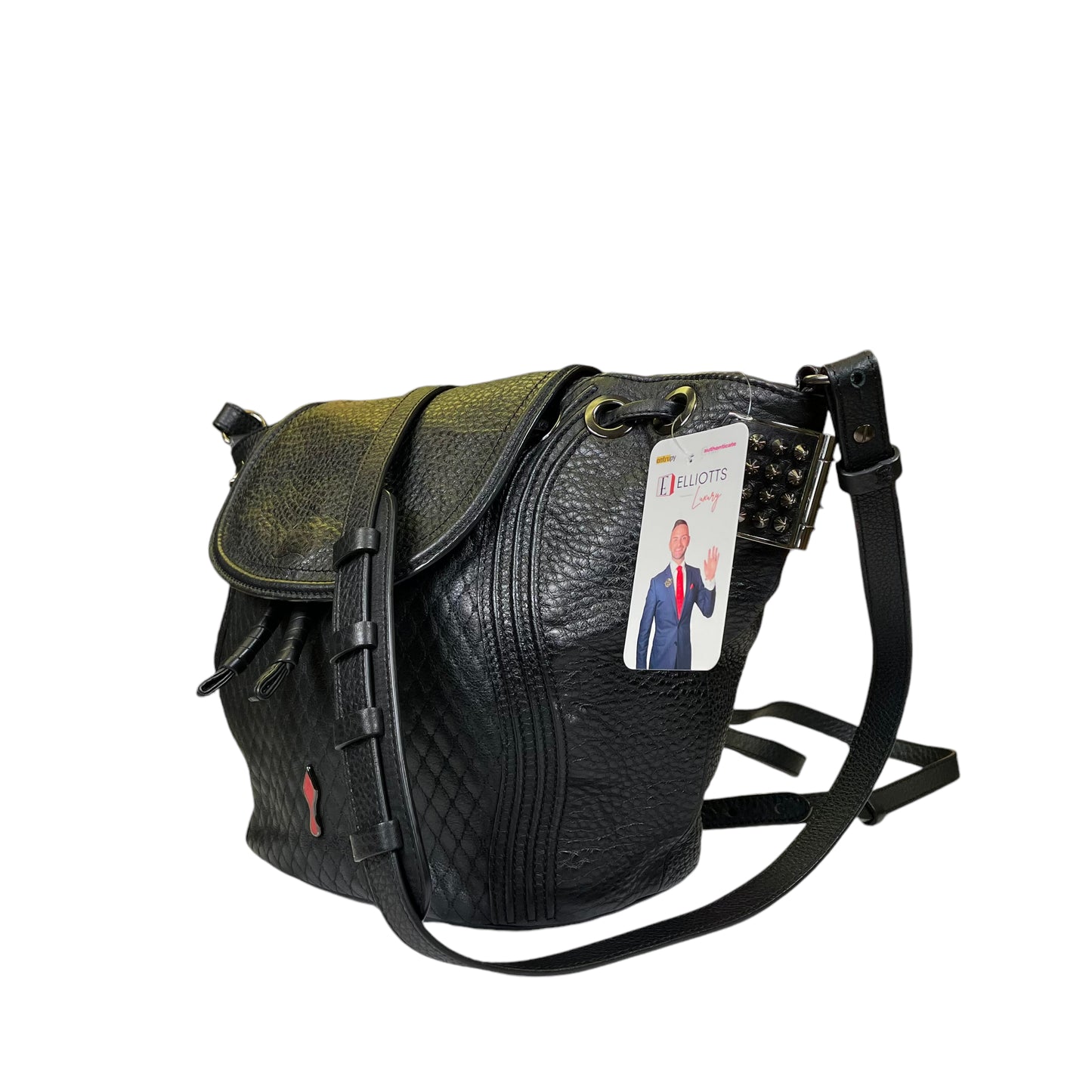 Christian Louboutin Drawstring Snap Backpack Stainless Studded Bucket Shoulder Crossbody 3 Way Purse