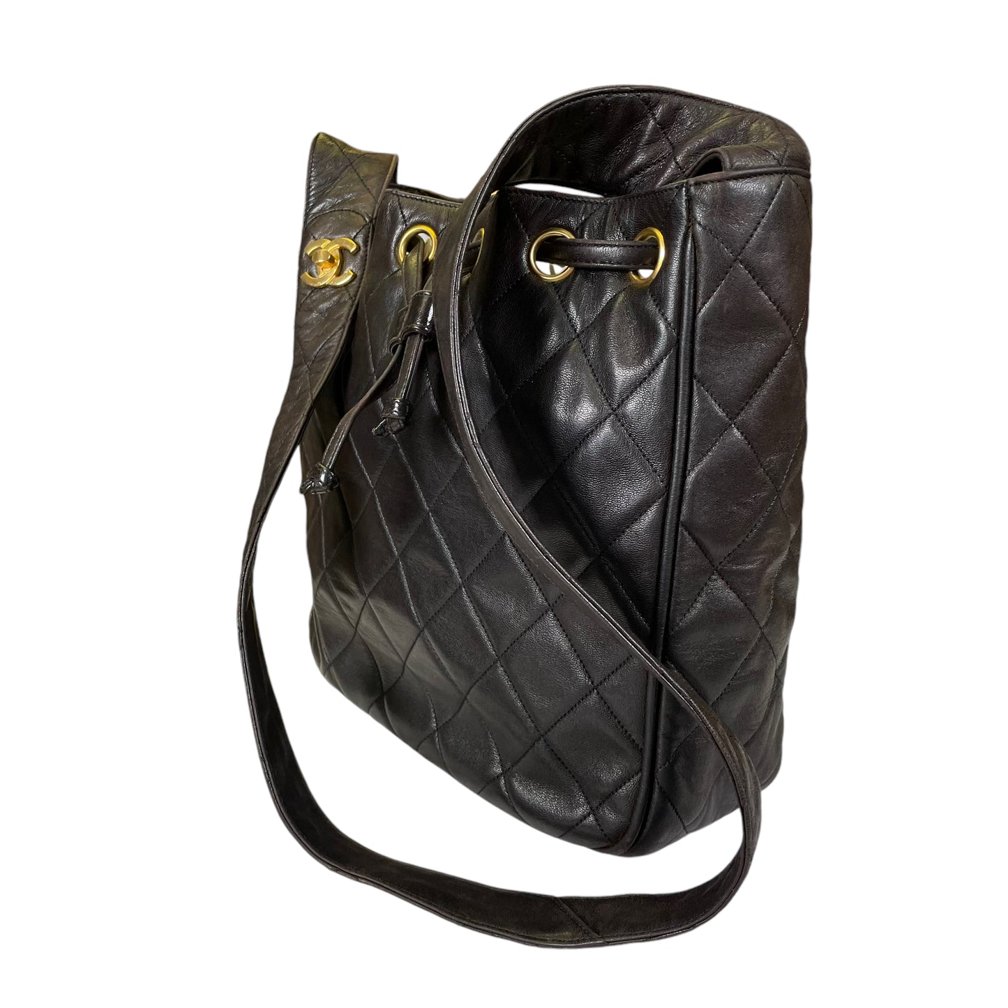 Chanel CC Gabrielle Dark Brown Quilted Lamb Leather Shoulder Hobo Drawstring Shoulder Purse