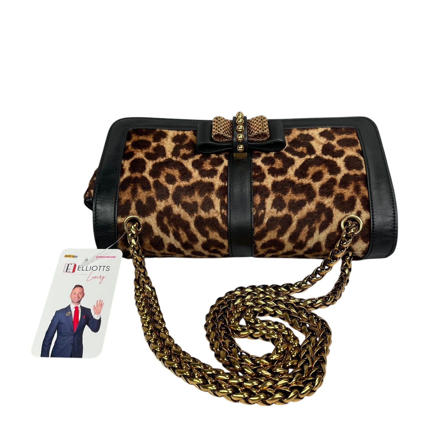 Christian Louboutin Bow Studded Cheetah Leopard 2-Way Flap Leather Black Gold Medium