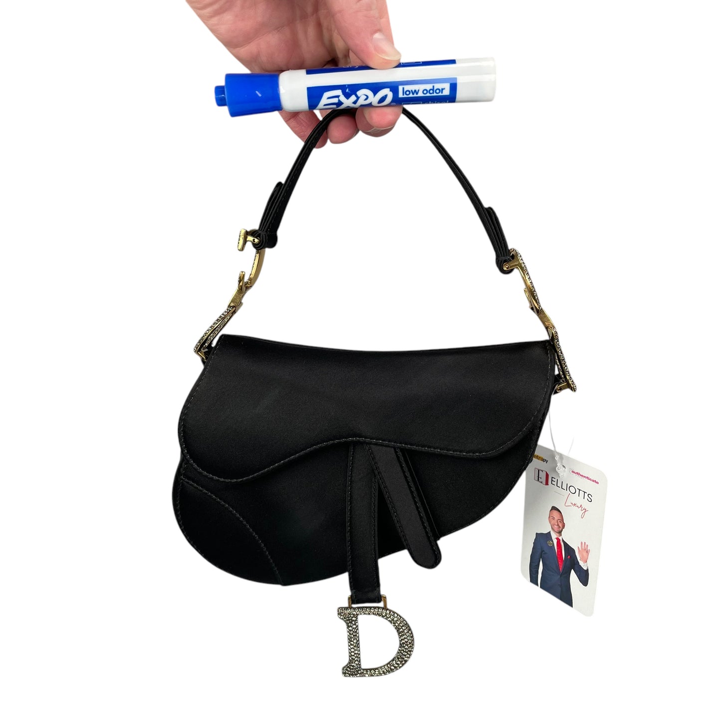 Christian Dior Mini Saddle Bag Black Silk Satin Crystal Encrusted Gold Hardware