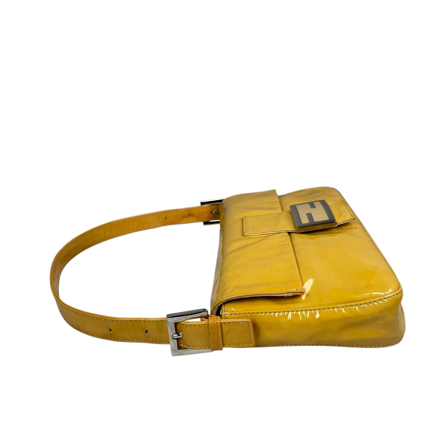 Fendi FF Mustard Yellow Classic Baguette Patent Leather Silver Shoulder Purse