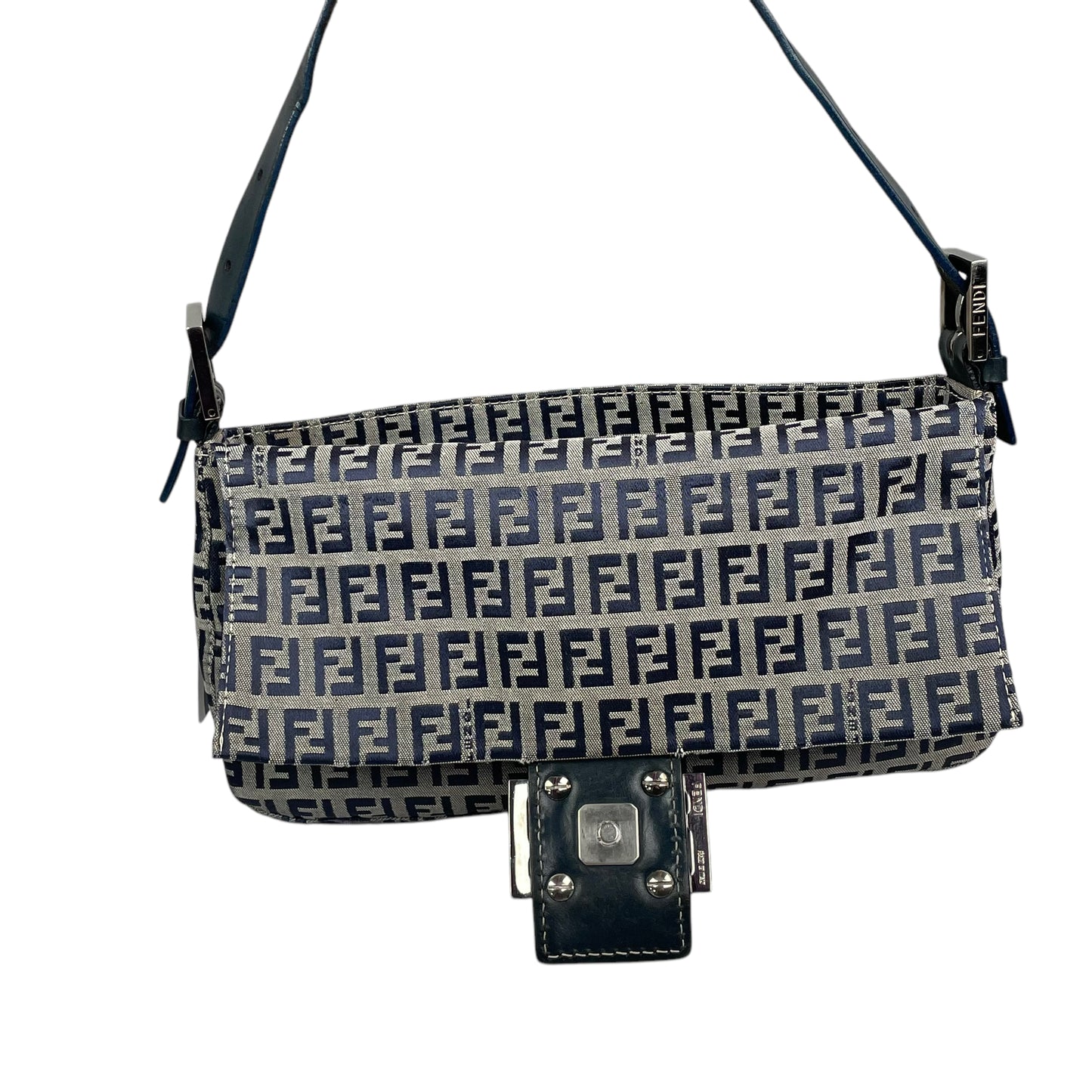 Fendi Classic Baguette Zucchino Navy Canvas Silver Leather Shoulder Purse