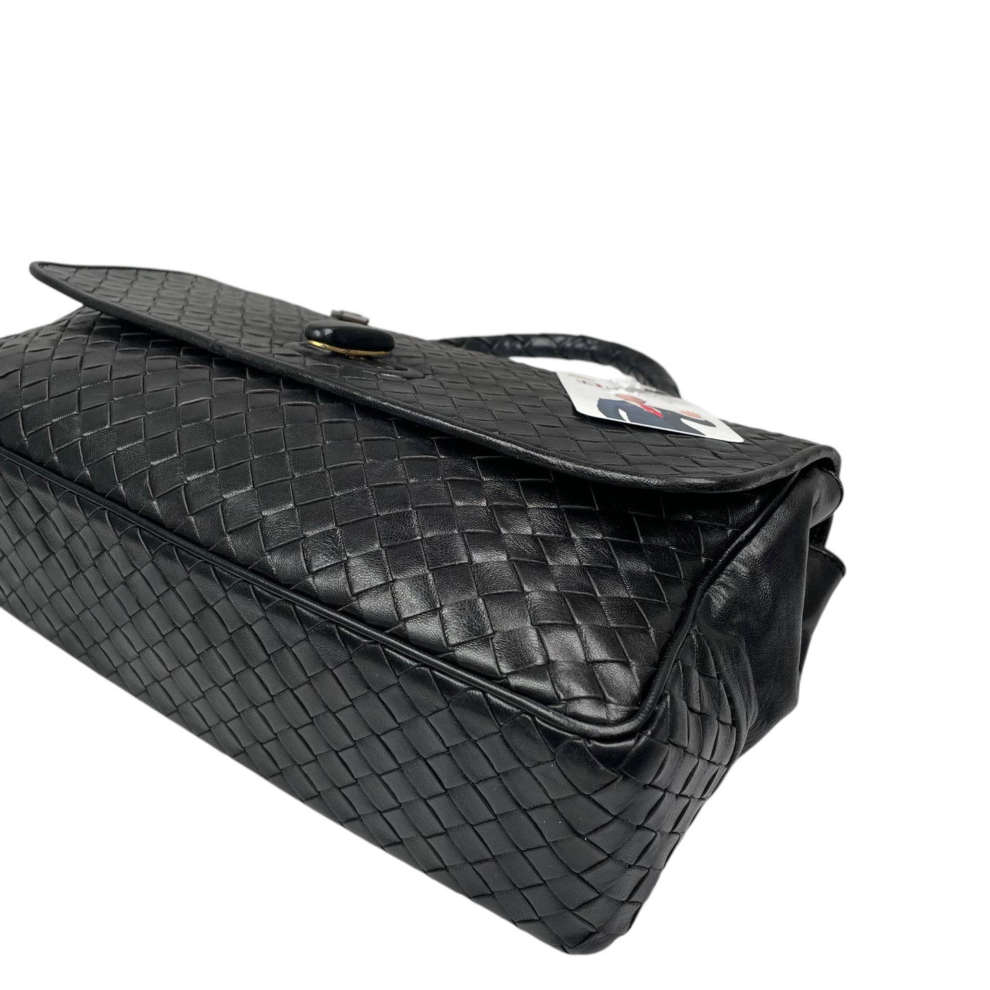 Bottega Veneta Black Intrecciato Leather Woven Top Handle Flap Turn-Lock Purse