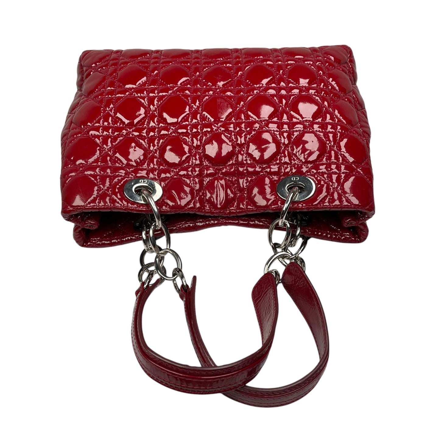 Christian Dior Lady Dior Soft Cannage Patent Quilted Silver Med Shoulder Purse