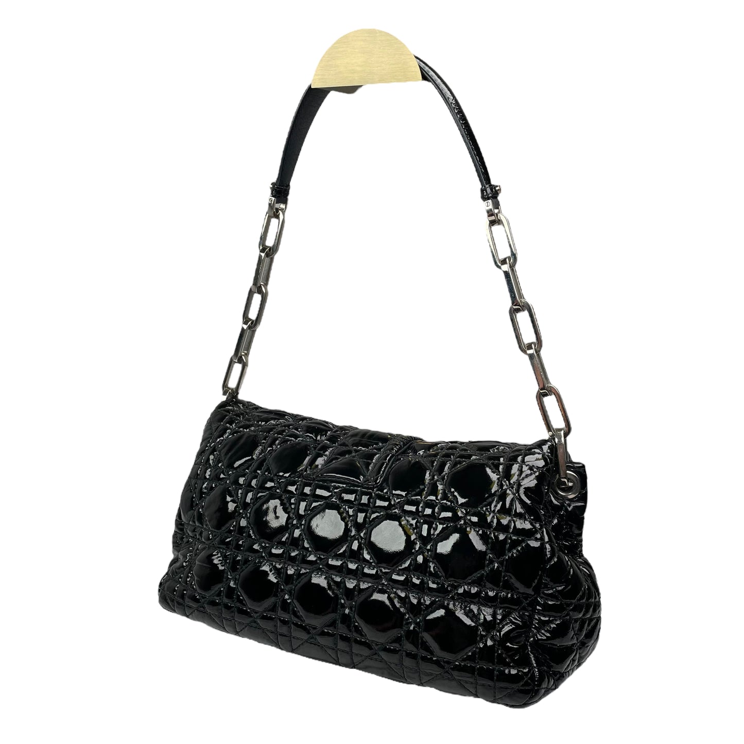 Christian Dior Black New Lock Patent Cannage Quilted Flap Shoulder Chain Purse
