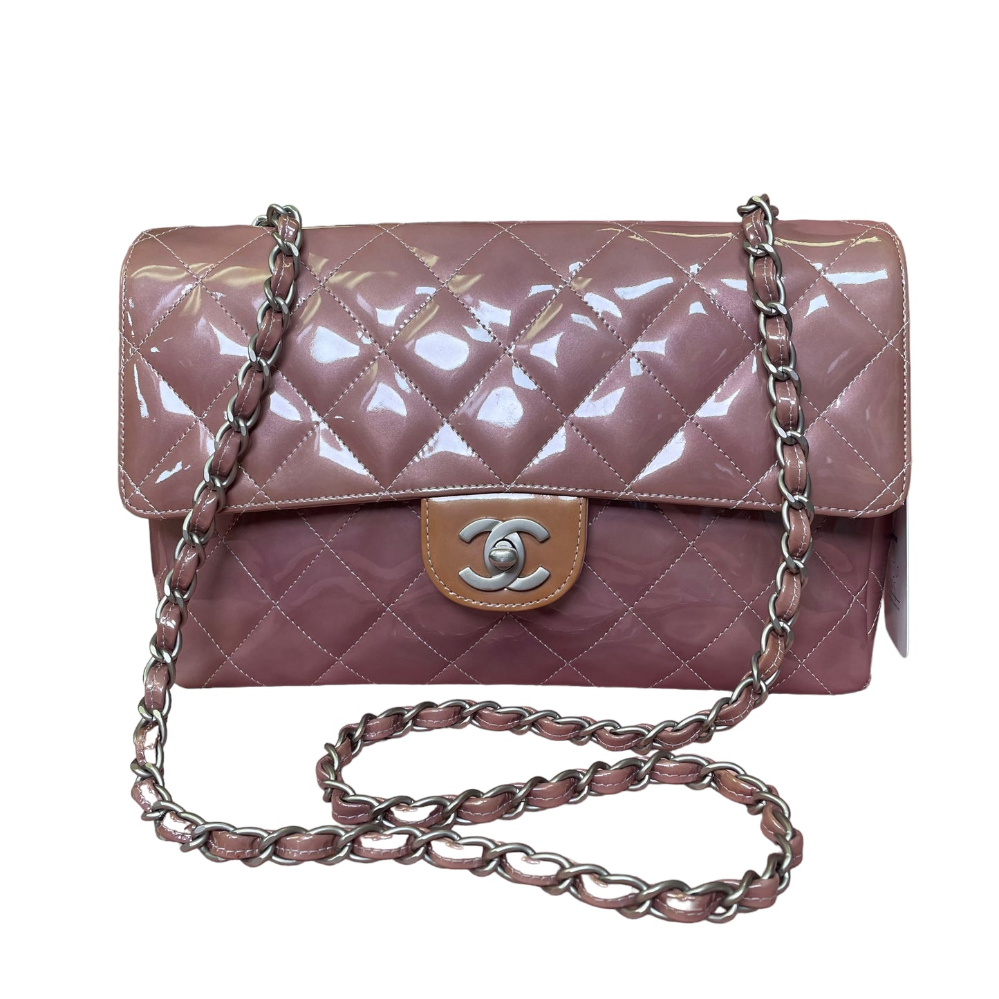 Chanel CC Purple Lilac Patent Brushed Silver Smokey Lilac Lambskin Single Flap