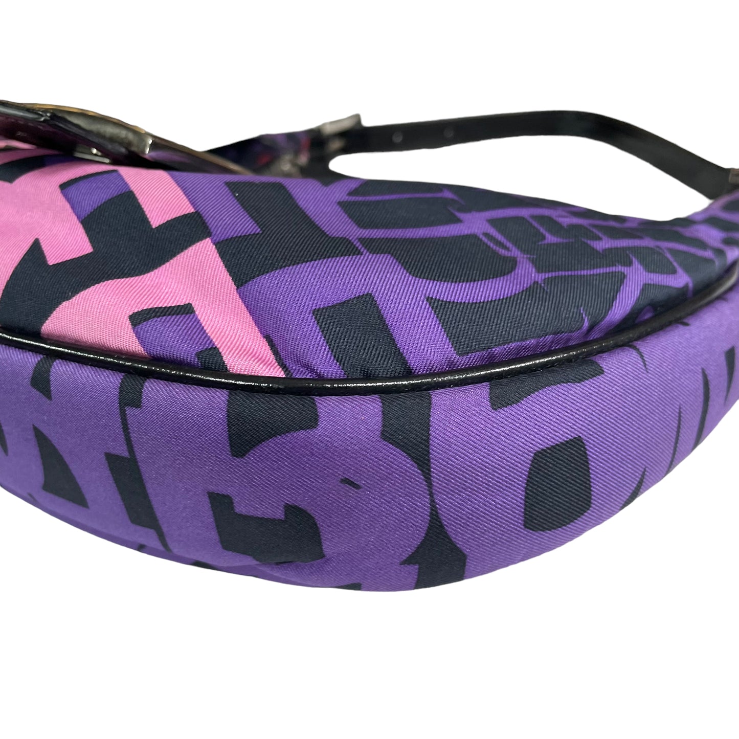 Fendi FF Croissant Graffiti Monogram Purple Black Patent Leather Sterling Shoulder Purse