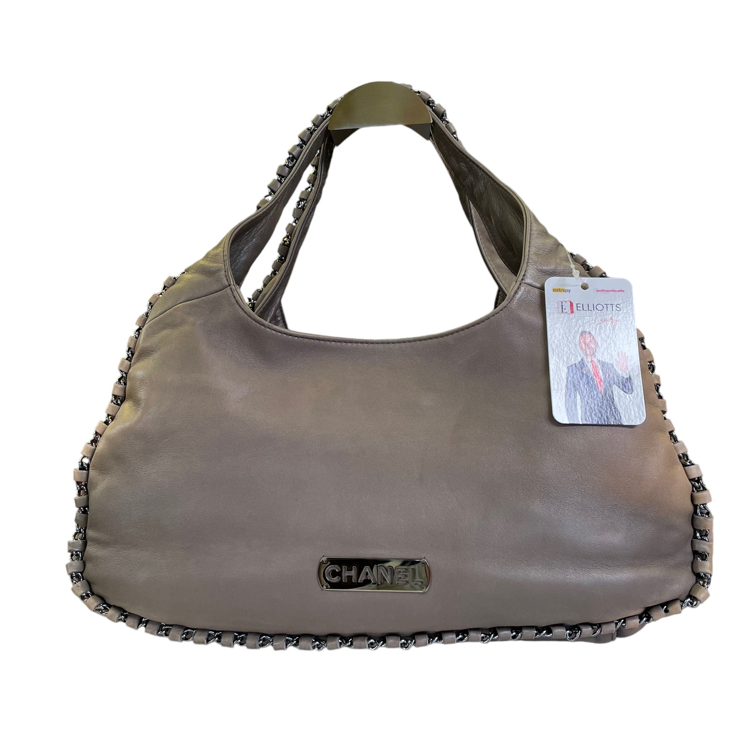 Chanel CC Lambskin Grey Hombre Whipstitch Gunmetal Chain Trim Hobo Purse