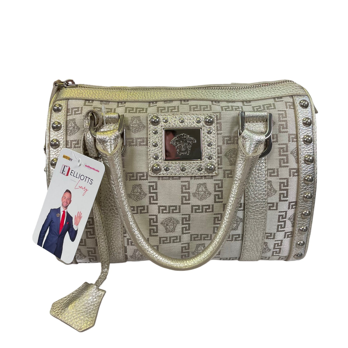 Versace Mini Snap Out of It Metallic Greek Key Jacquard Leather Boston Speedy Purse