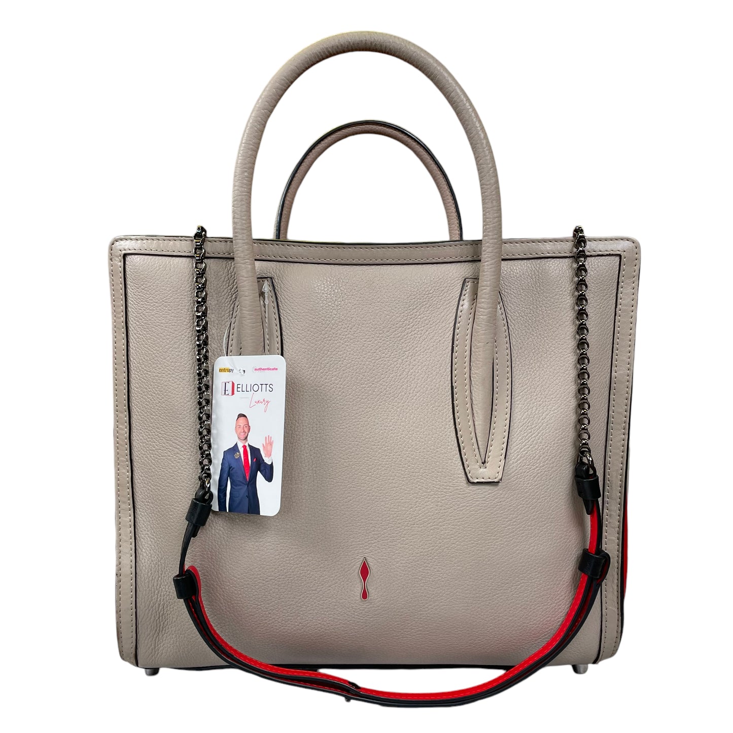 Christian Louboutin Paloma Taupe Calf Skin Red Tote 2 Way Crossbody Should Purse