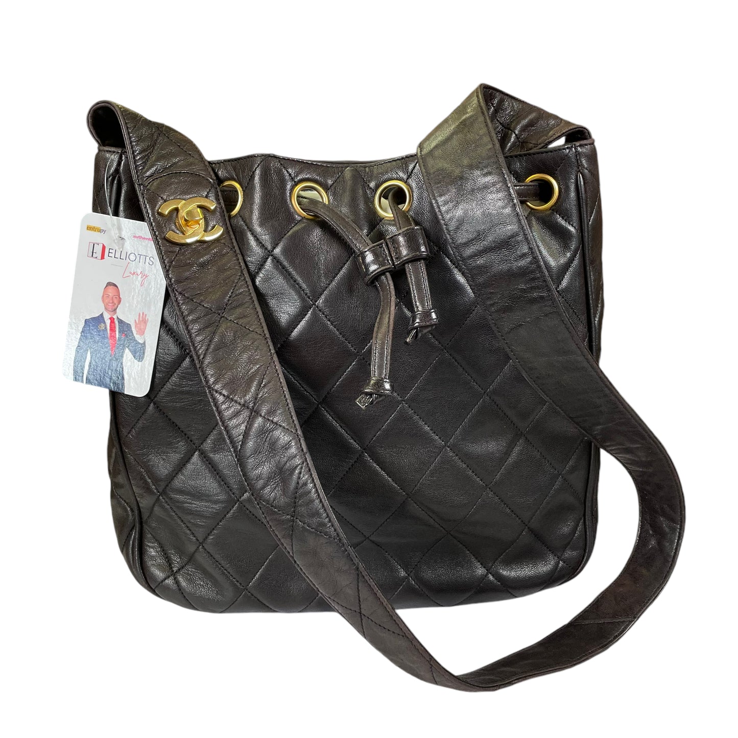 Chanel CC Gabrielle Dark Brown Quilted Lamb Leather Shoulder Hobo Drawstring Shoulder Purse