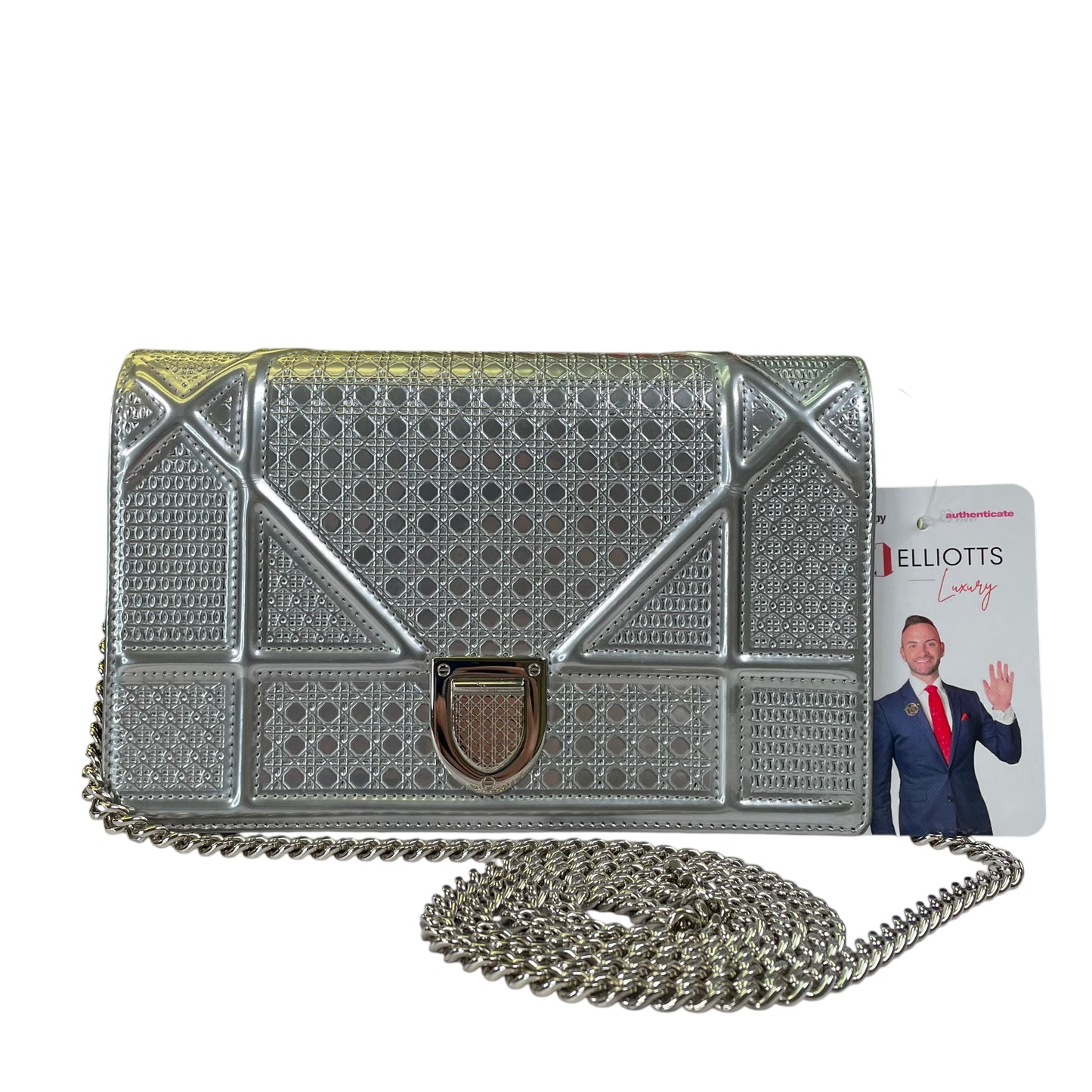 Christian Diorama Micro Silver Mini Clutch Chain Flap 2 Way Metallic Shoulder Purse