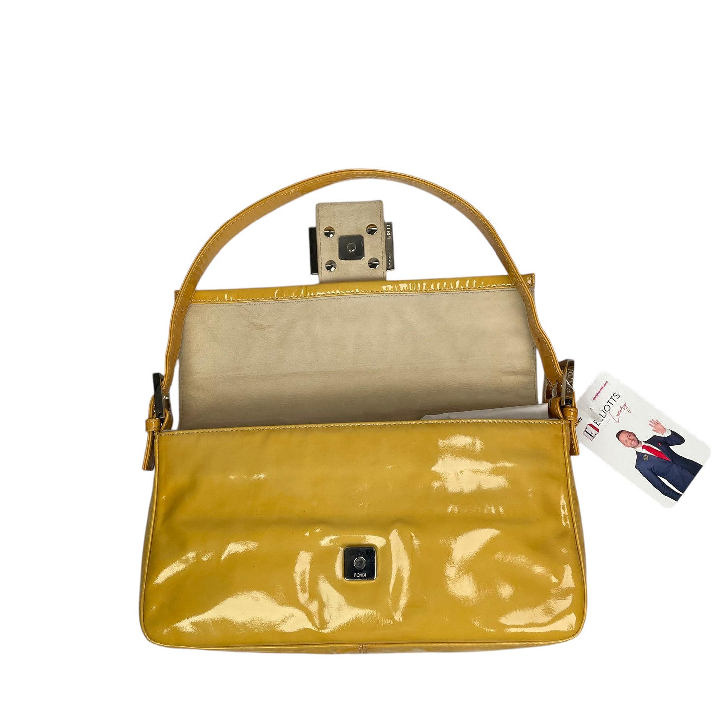 Fendi FF Mustard Yellow Classic Baguette Patent Leather Silver Shoulder Purse