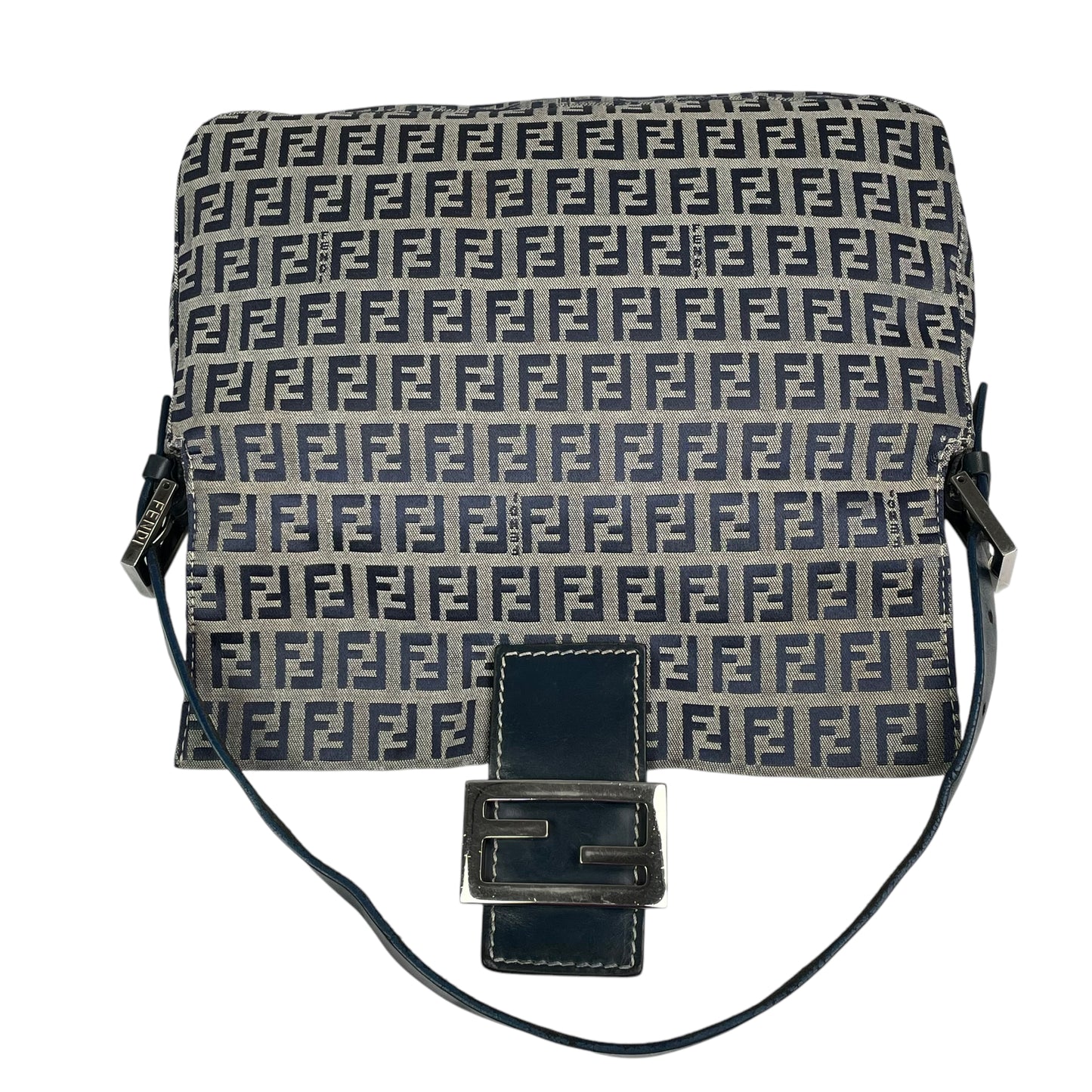 Fendi Classic Baguette Zucchino Navy Canvas Silver Leather Shoulder Purse