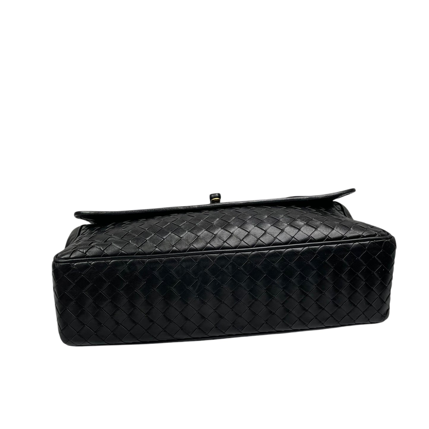 Bottega Veneta Black Intrecciato Leather Woven Top Handle Flap Turn-Lock Purse