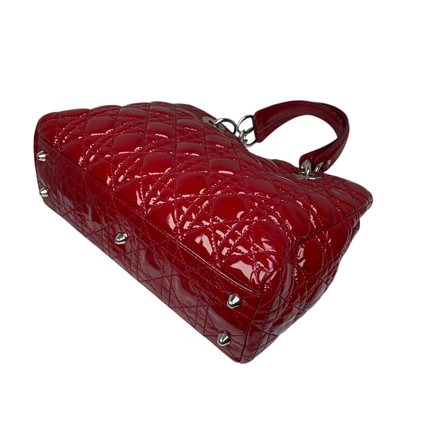 Christian Dior Lady Dior Soft Cannage Patent Quilted Silver Med Shoulder Purse