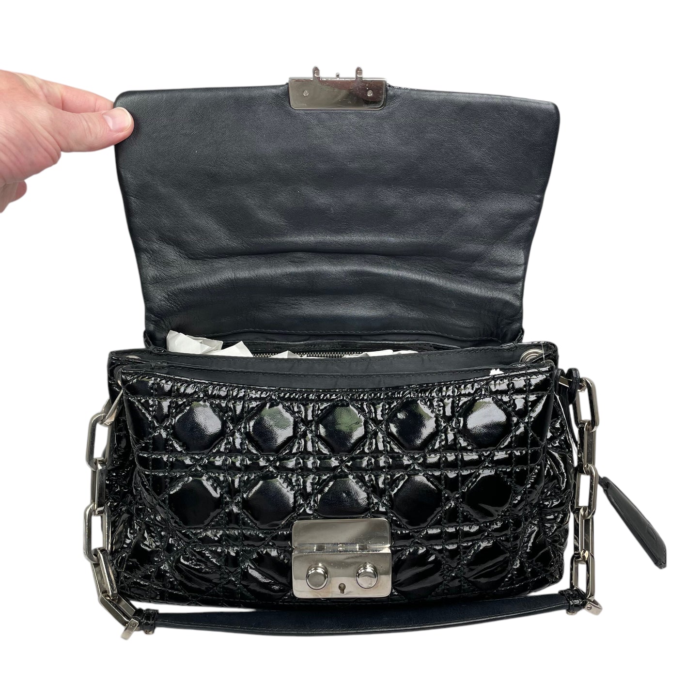 Christian Dior Black New Lock Patent Cannage Quilted Flap Shoulder Chain Purse