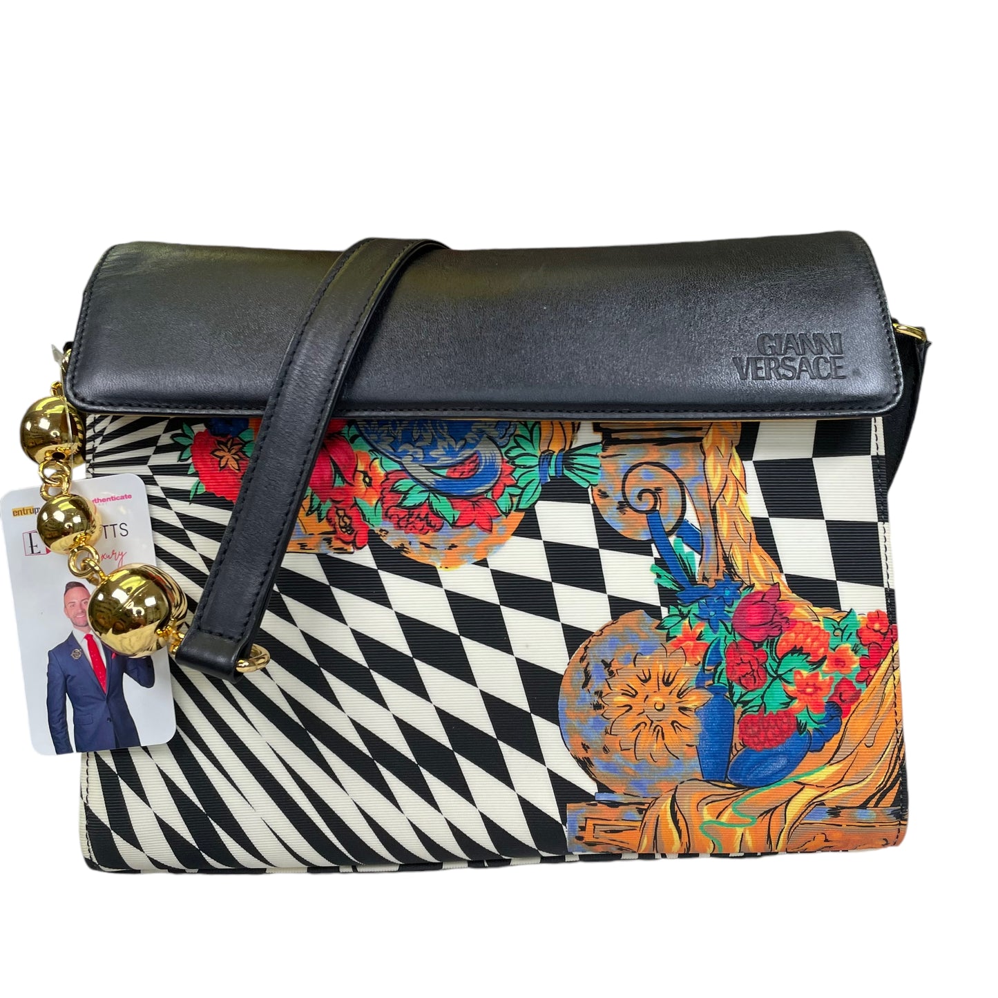 Gianni Versace Psychedelic Illusion Metallic Gold Black White Ball Printed Crossbody Shoulder Purse