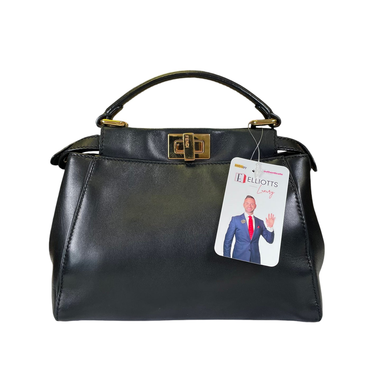 Fendi Peek A Boo Mini Black Lambskin Top Handle Gold Plated Turn Lock 2 Way Purse
