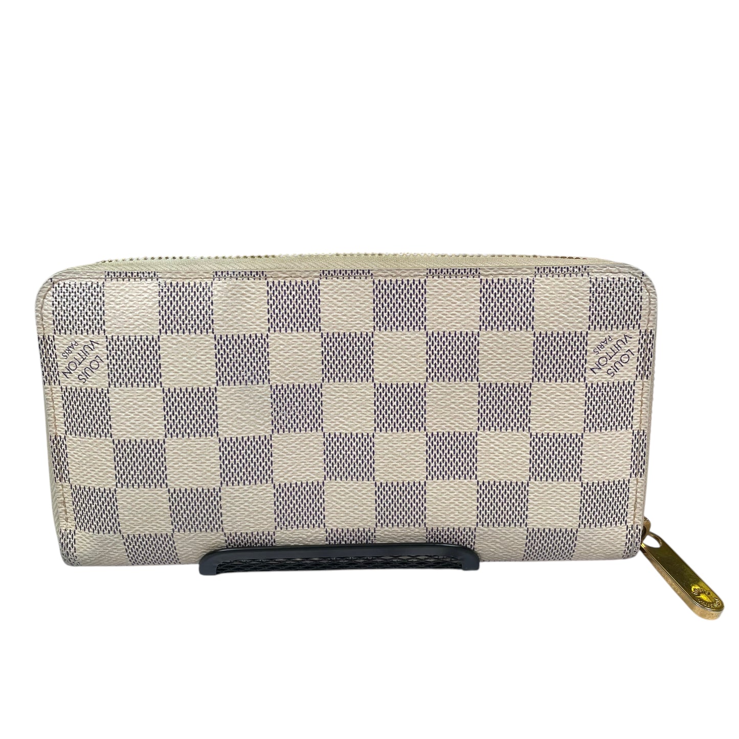 Louis Vuitton Azur Damier Long Coated Canvas White Gold Zip Around Bi-Fold Wallet