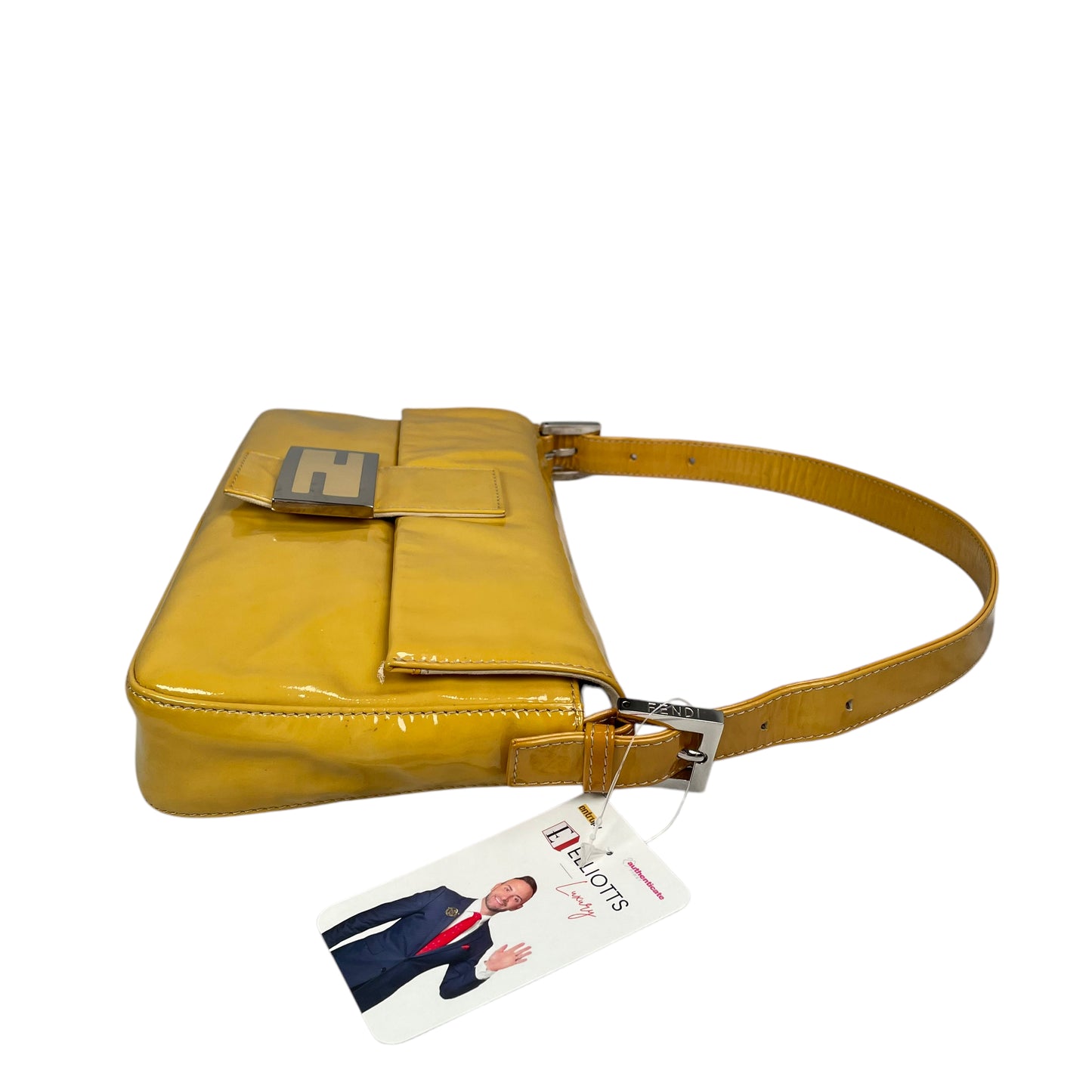 Fendi FF Mustard Yellow Classic Baguette Patent Leather Silver Shoulder Purse