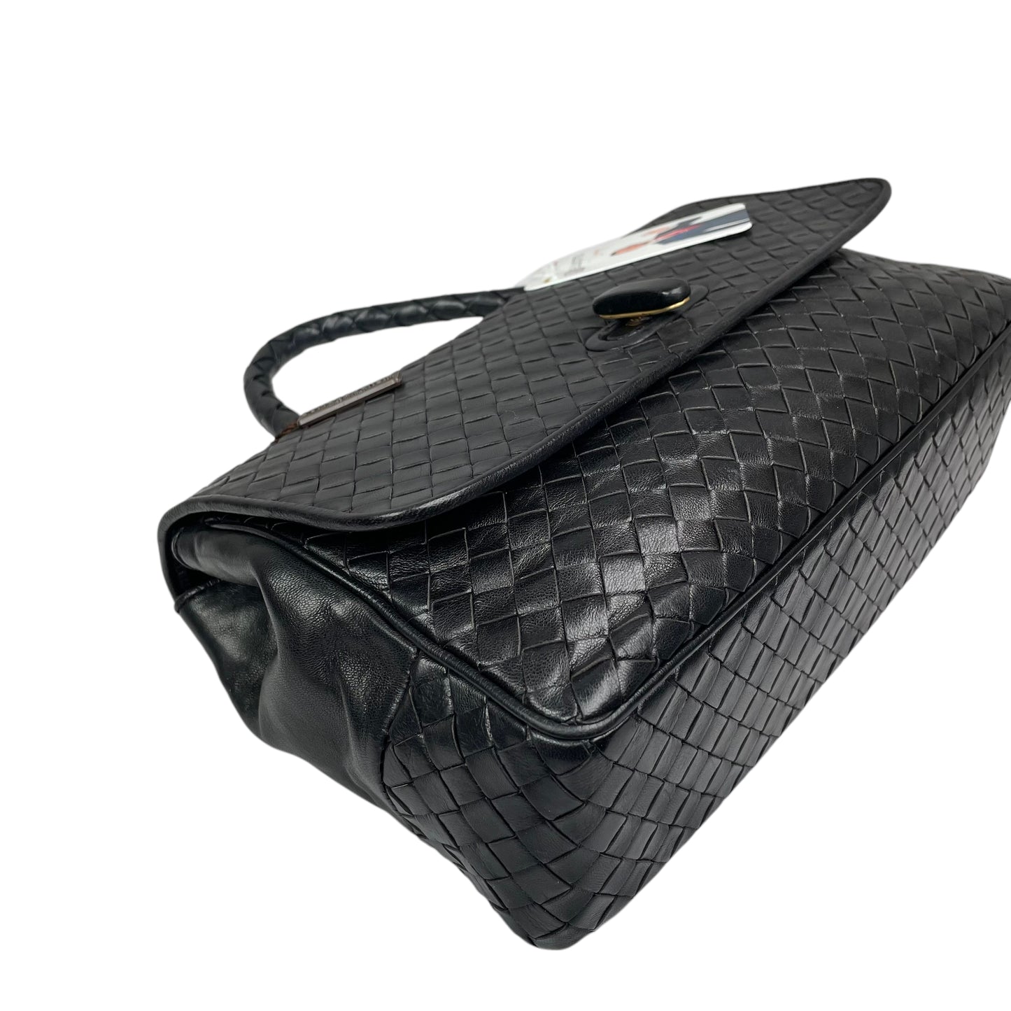 Bottega Veneta Black Intrecciato Leather Woven Top Handle Flap Turn-Lock Purse